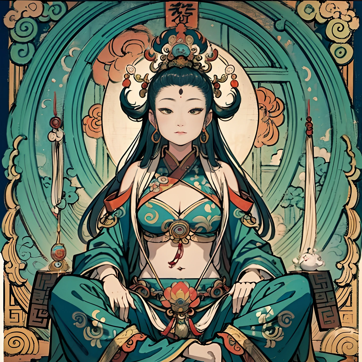 an ancient Chinese goddess, guanyin of the southern seas, Guanyin, Inspired by India, Avalokiteshvara,,Serene expression,shui mo hua,Buddha,Buddhist,Lotus,Chinese painting style,Thangka style