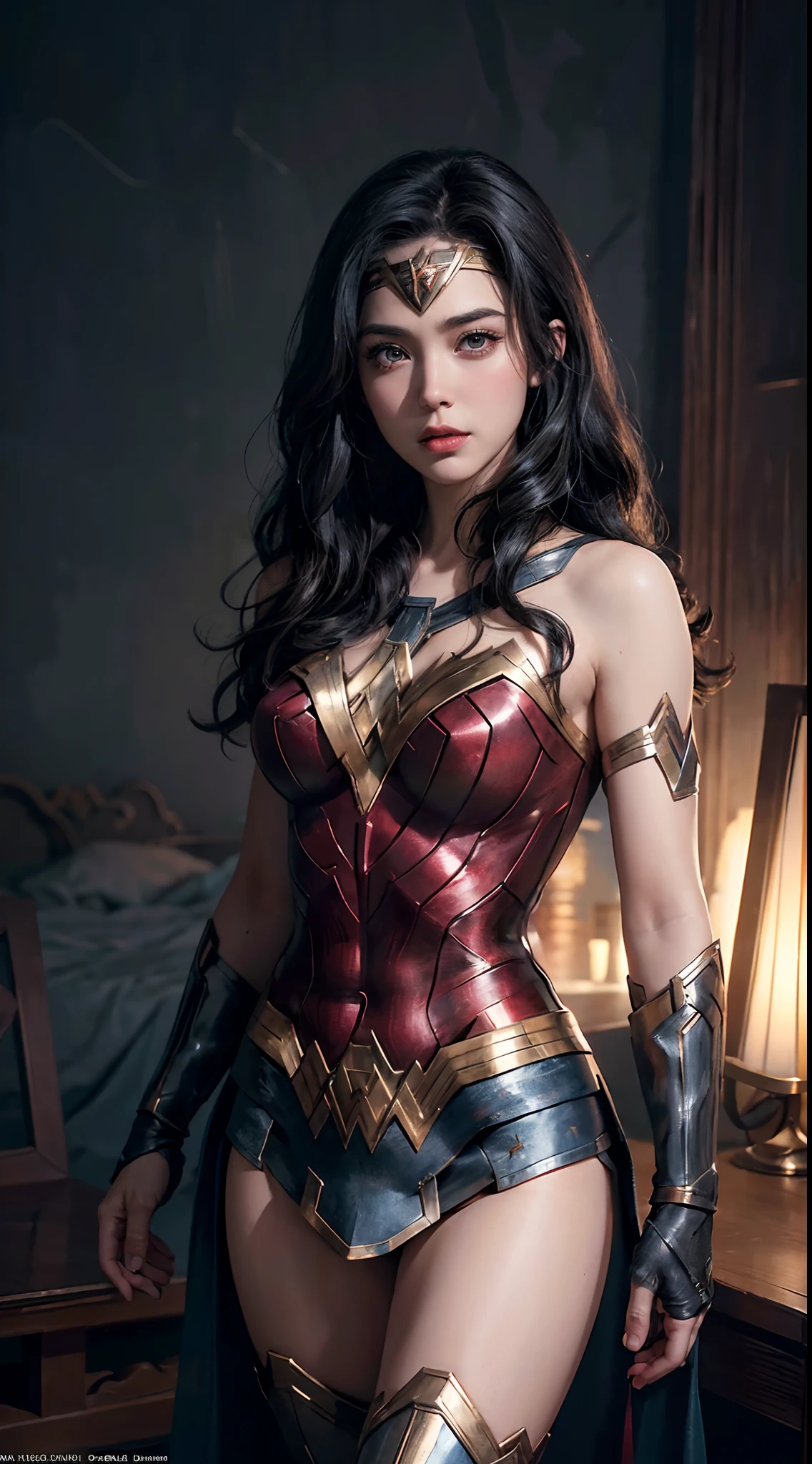 Wonder Woman из DC Comics, In the fortress of loneliness, Looks cool, (ultra realistis), (illustartion), (High Resolution), (8K), (Very detailed), (Best illustration), (Best Quality), (Ultra Detailed), (Masterpiece), 独奏, (dynamicpose), dark studio