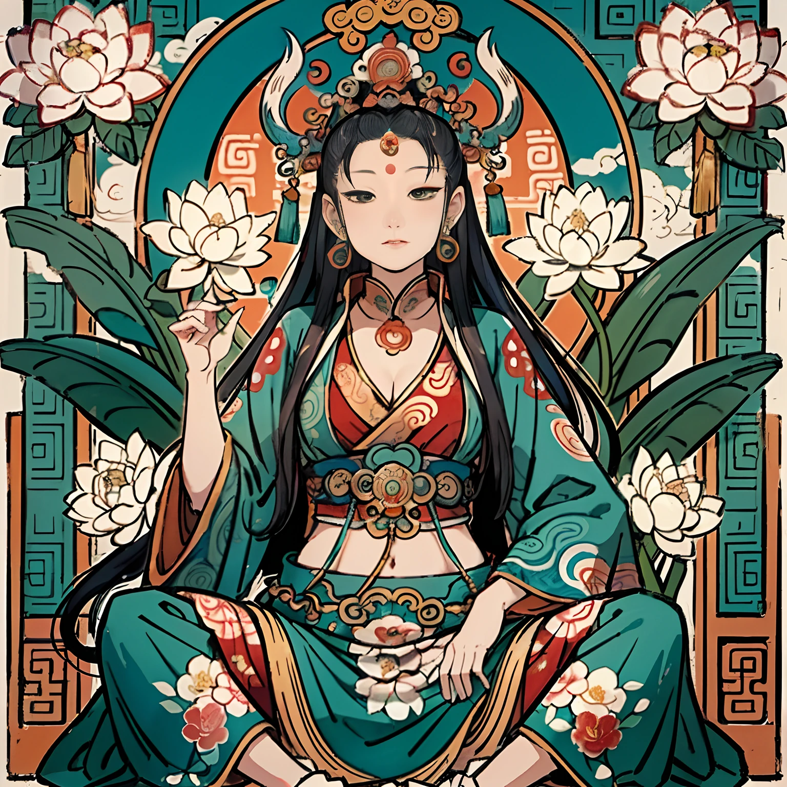 an ancient Chinese goddess, guanyin of the southern seas, Guanyin, Inspired by India, Avalokiteshvara，,Serene expression,shui mo hua,Buddha,Buddhist,Lotus,Chinese painting style,Thangka style