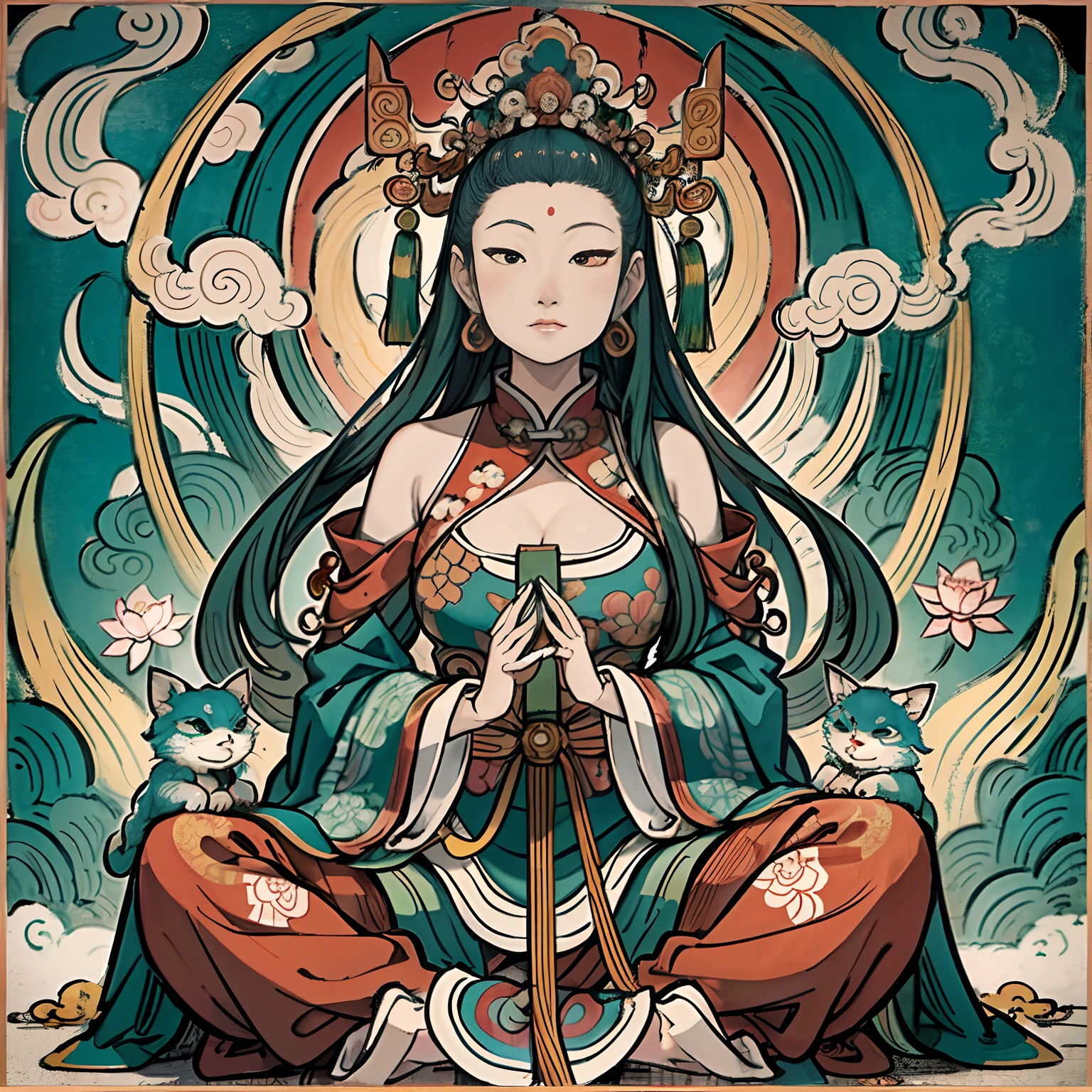 an ancient Chinese goddess, guanyin of the southern seas, Guanyin, Inspired by India, Avalokiteshvara,,Serene expression,shui mo hua,Buddha,Buddhist,Lotus,Chinese painting style,Thangka style