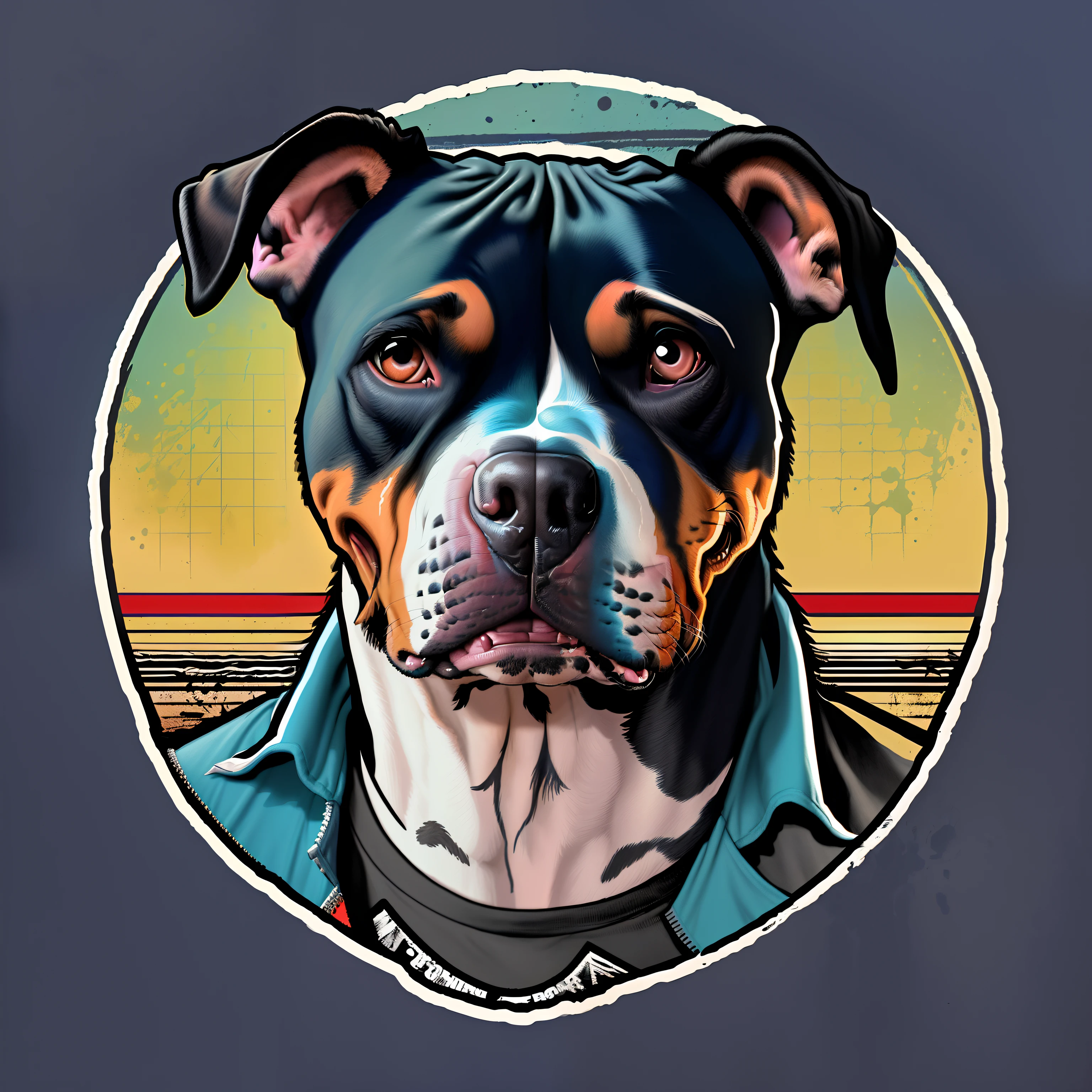 animal cachorro pitbull rock, usando roupa de rock anos 80, t-shirt design, 2d, imagem centralizada, fundo gradiente preto e azul, vetorizado, arte logo vetorial para estampa de camiseta, cores vividas splas