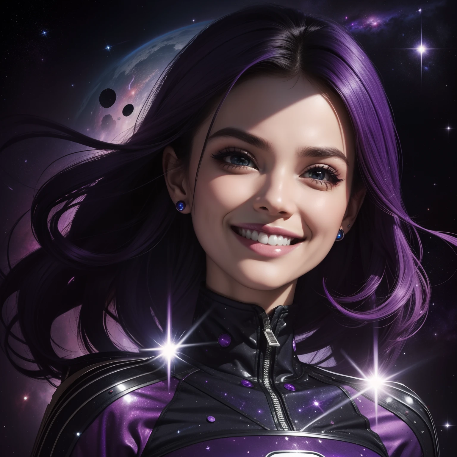 mulher, outer space, galaxy, striking facial expressions, caras e bocas, Feliz, Alegre, sorridente, realista, altamente detalhado, universo roxo, cinematic lighthing