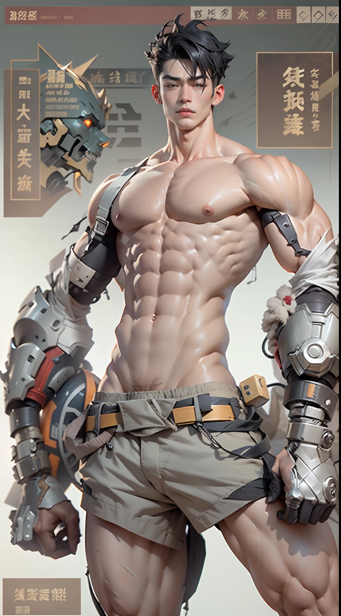 Sculpture design，Figures，GK model，The whole body of the character，Expose muscles，base，Xiao Zhan，Cute cybernetic boy looking at camera lingerie detailed muscular reality masterpiece，musculous