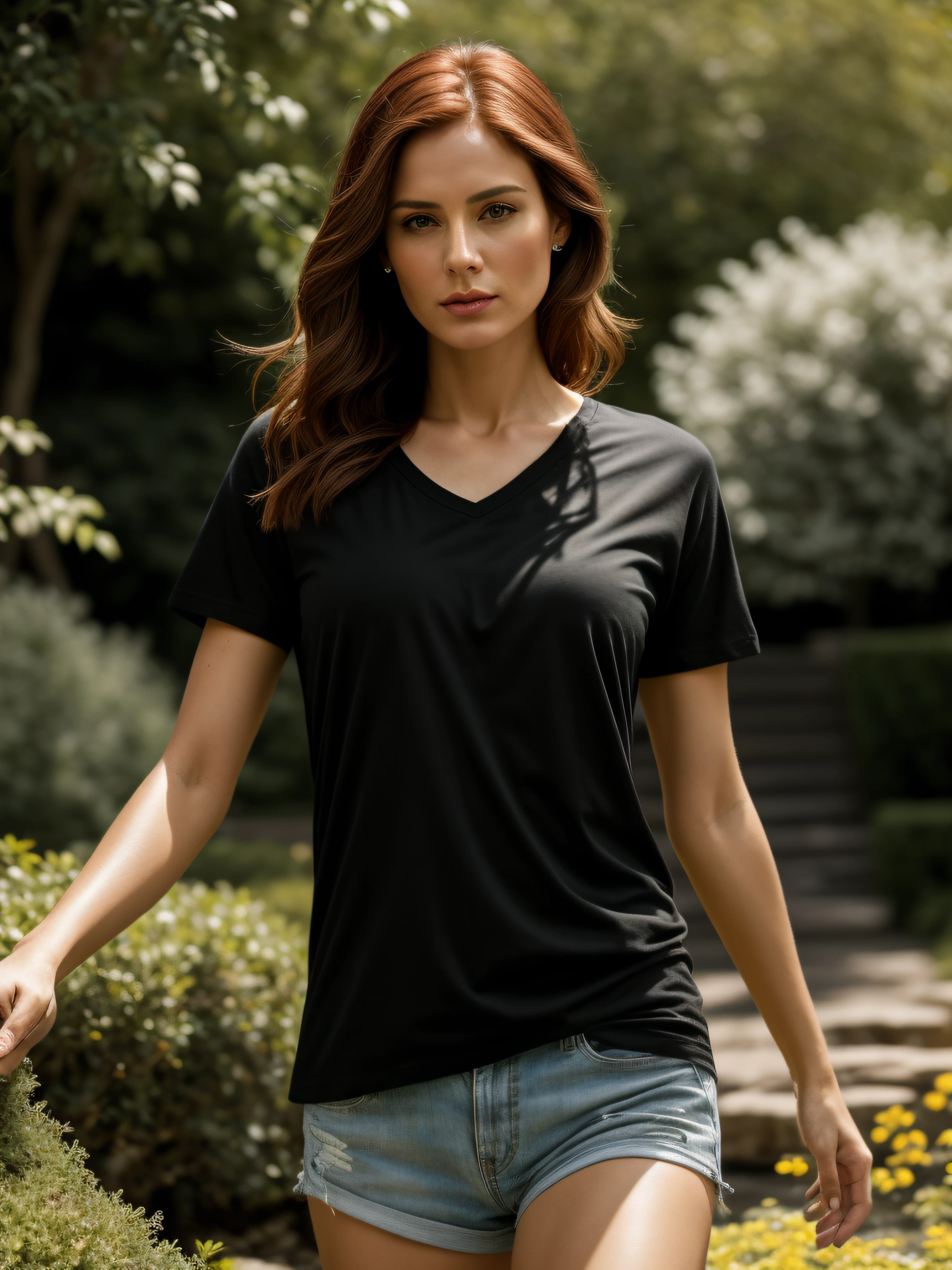 (Thirty years old) Woman, Débora Ann Woll, red-haired, standing at the park, hand on the waist, wearing only a ((men's plain loose-fitting t-shirt in black color:1.2)), (((short sleeve t-shirt))), (((men´s plain t-shirt))) (bare legs, leg showing, t-shirt covering leg), ((marked hard nipples)), (((excited chest))), dream shot, dramatic pose, staring directly at camera, intense gaze, slight smile, portrait, cropping half body, half body photo, full-body shot, ((facing the camera, front view)), detailed texture of the skin, beautiful landscape of a garden in the background. intricate, 8k, highly detailed, (extremely detailed CG unit 8k wallpaper), ((square jawline)), (well defined jaw), (downturned lips), (detailed anatomy), hyperrealistic, trending in cgsociety, intricate, High detail, sharp focus, Dramatic, Volumetric lighting, digital painting, intense, modelshoot style, (extremely detailed CG unit 8k wallpaper), full body photo of the most beautiful artwork in the world, pearl skin, Directed by: Jeremy Mann, trending on ArtStation, Photorealistic Painting Art by MidJourney