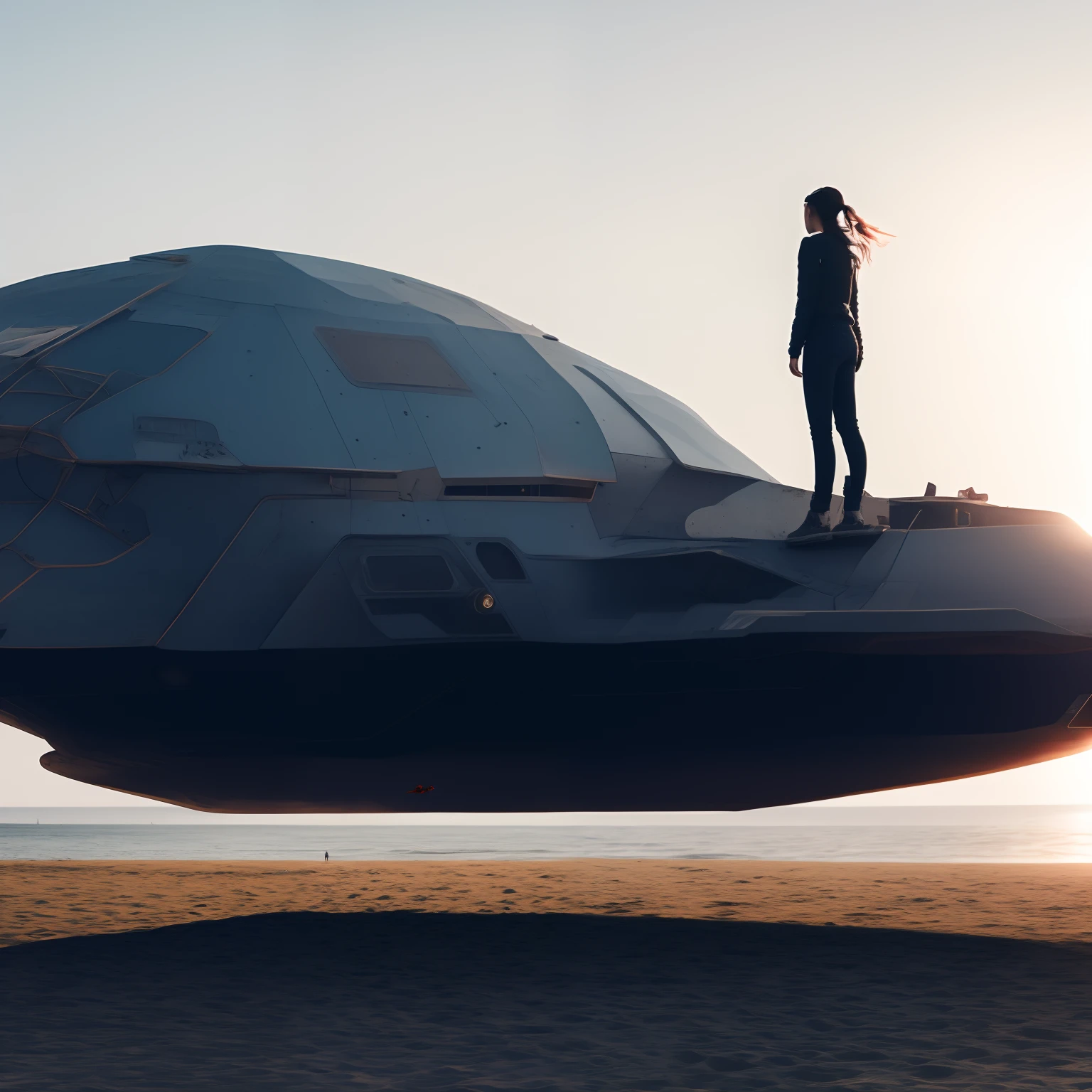 Best quality, delicate face, 25-year-old girl, slim body, body made of metal, small bust, metal structural skeleton, seaside, standing posture, beach, huge spaceship floating in the air, cyberpunk, sci-fi