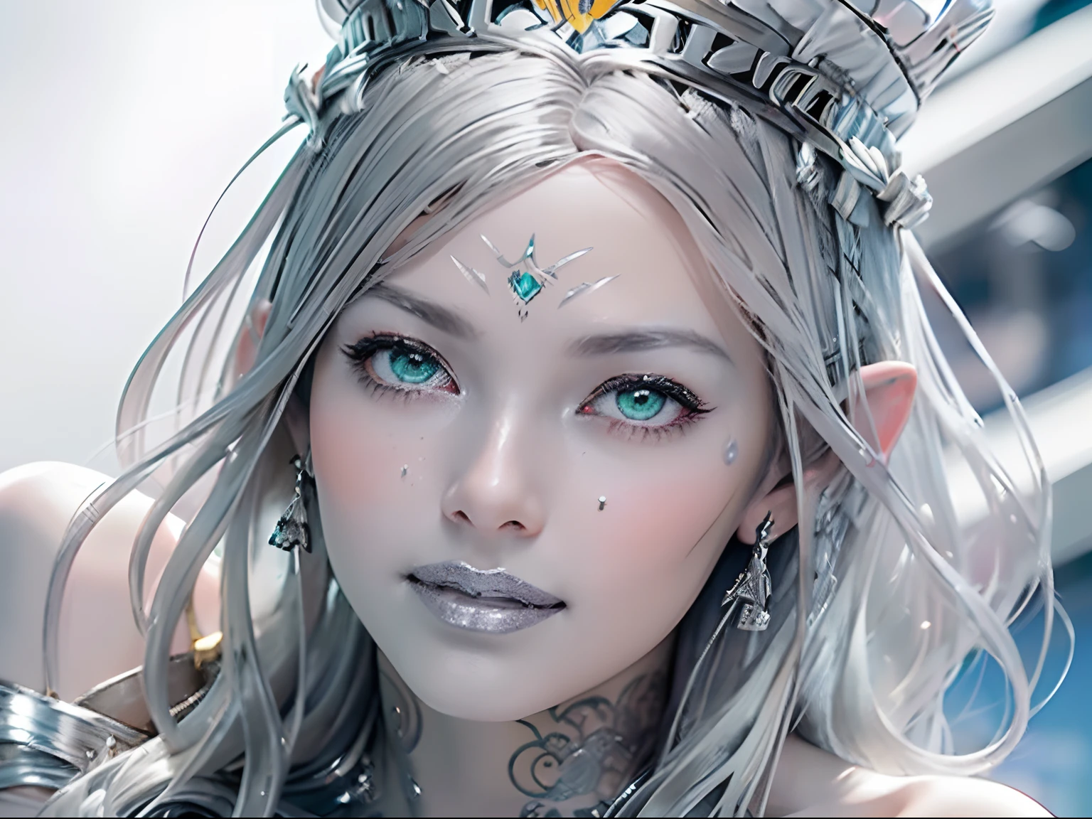 Ultra-detailed complex 3D rendering of the face, (masterpiece, top quality, octane rendering,), glamour shots full body image, very beautiful young elves, cleavage, (highly detailed skin: 1.2), (exposure: 1.1), ((blue micro bikini: 1.95)))). , 8k, (((very soft breasts)), (((conspicuous large pink areola)), beautiful Caucasian woman with white skin with full soft breasts with big buttocks, one, long braided hair, big breasts, dynamic angles, (((huge breasts: 2.4)), ultra-realistic photos, ((((((silver hair)))), futuristic urban background, facial muscles, (((((detailed and glamorous silver crown)))), In the style of Marvel Comics, ArtStation Trends, Clear Focus, Intricate Details, Very Detailed, Detailed Green Eyes, Sharp Focus, Digital Rendering, Professional, Abs, Lip Gloss, Glossy Skin, Sexy Pose, Golden Tattoo All Over Body, Silver Pattern All Over Body, Silver Lame Skin, Gold Glitter Skin, Mansuji, Buttocks, Jeweled All Over the Body, with silver scales, silver hair,