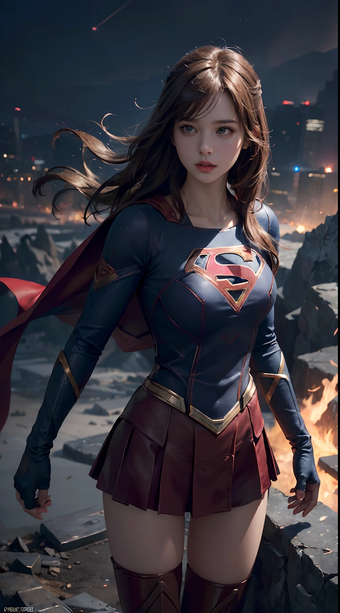 Supergirl из DC Comics, In the fortress of loneliness, Looks cool, (ultra realistis), (illustartion), (High Resolution), (8K), (Very detailed), (Best illustration), (Best Quality), (Ultra Detailed), (Masterpiece), 独奏, (dynamicpose), dark studio