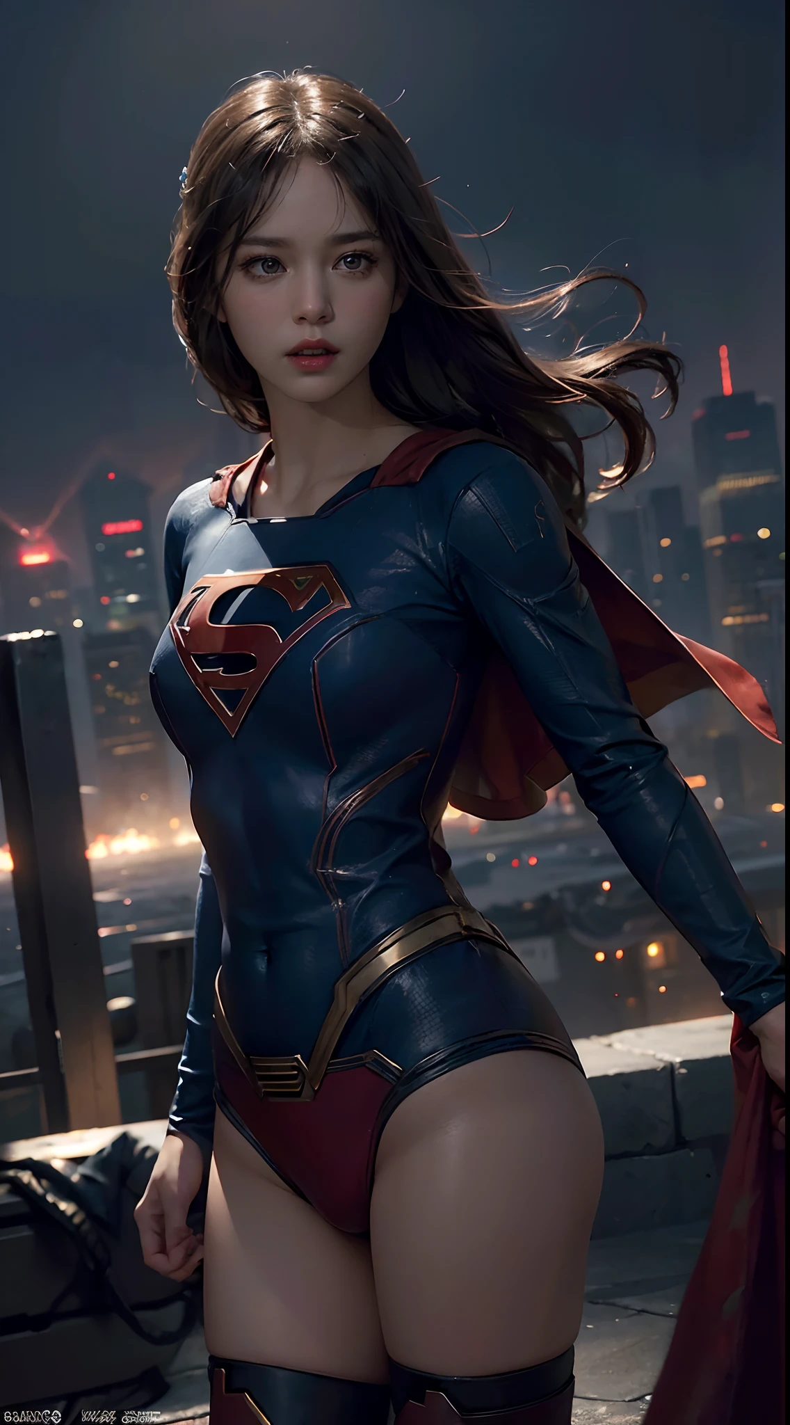 Supergirl из DC Comics, In the fortress of loneliness, Looks cool, (ultra realistis), (illustartion), (High Resolution), (8K), (Very detailed), (Best illustration), (Best Quality), (Ultra Detailed), (Masterpiece), 独奏, (dynamicpose), dark studio