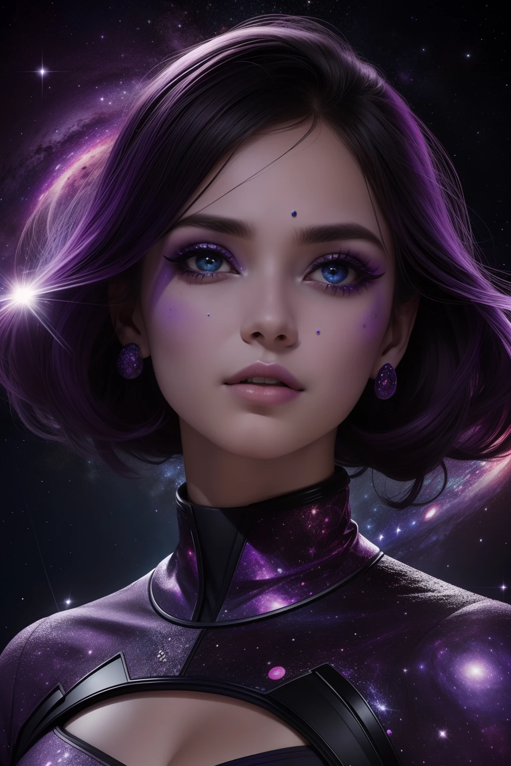 Mulher, outer space, galaxy, striking facial expressions, caras e bocas, realista, altamente detalhado, universo roxo