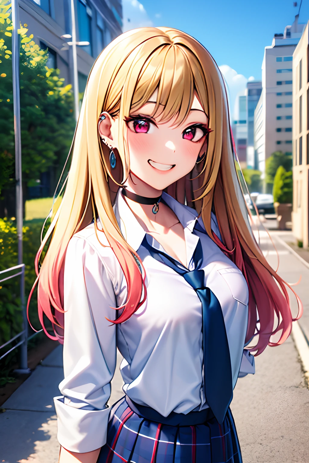 masterpiece, best quality, highres, kitagawa marin, 1girl, blonde hair, long hair, multicolored hair, red eyes, jewelry, earrings, piercing, school uniform, white shirt, tied shirt, black choker, blue necktie, plaid skirt, grin, smile, standing, cowboy shot, outdoors,