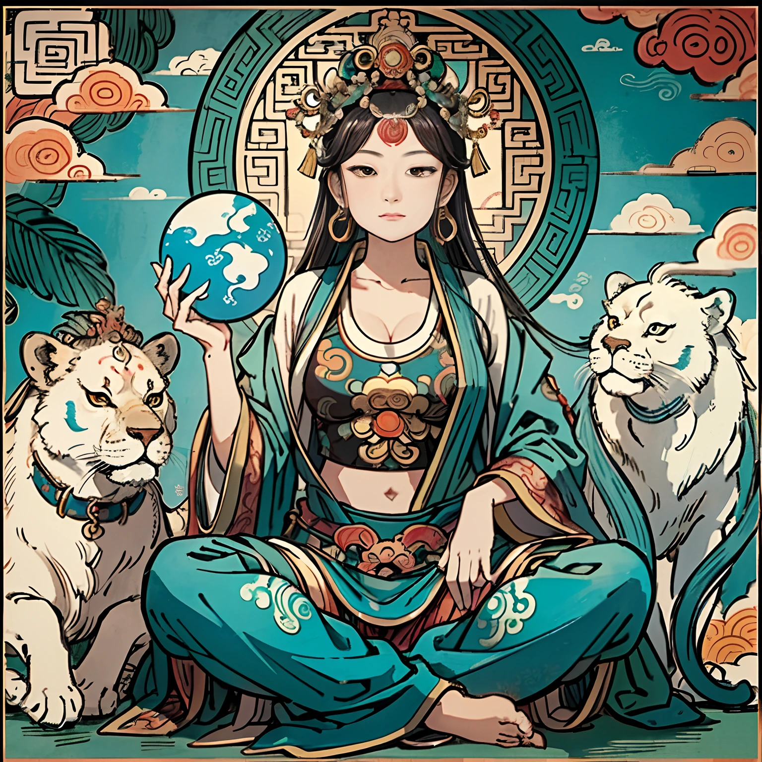 an ancient Chinese goddess, guanyin of the southern seas, Guanyin, Inspired by India, Avalokiteshvara rides a lion,,Serene expression,shui mo hua,Buddha,Buddhist,Lotus,Chinese painting style,Thangka style