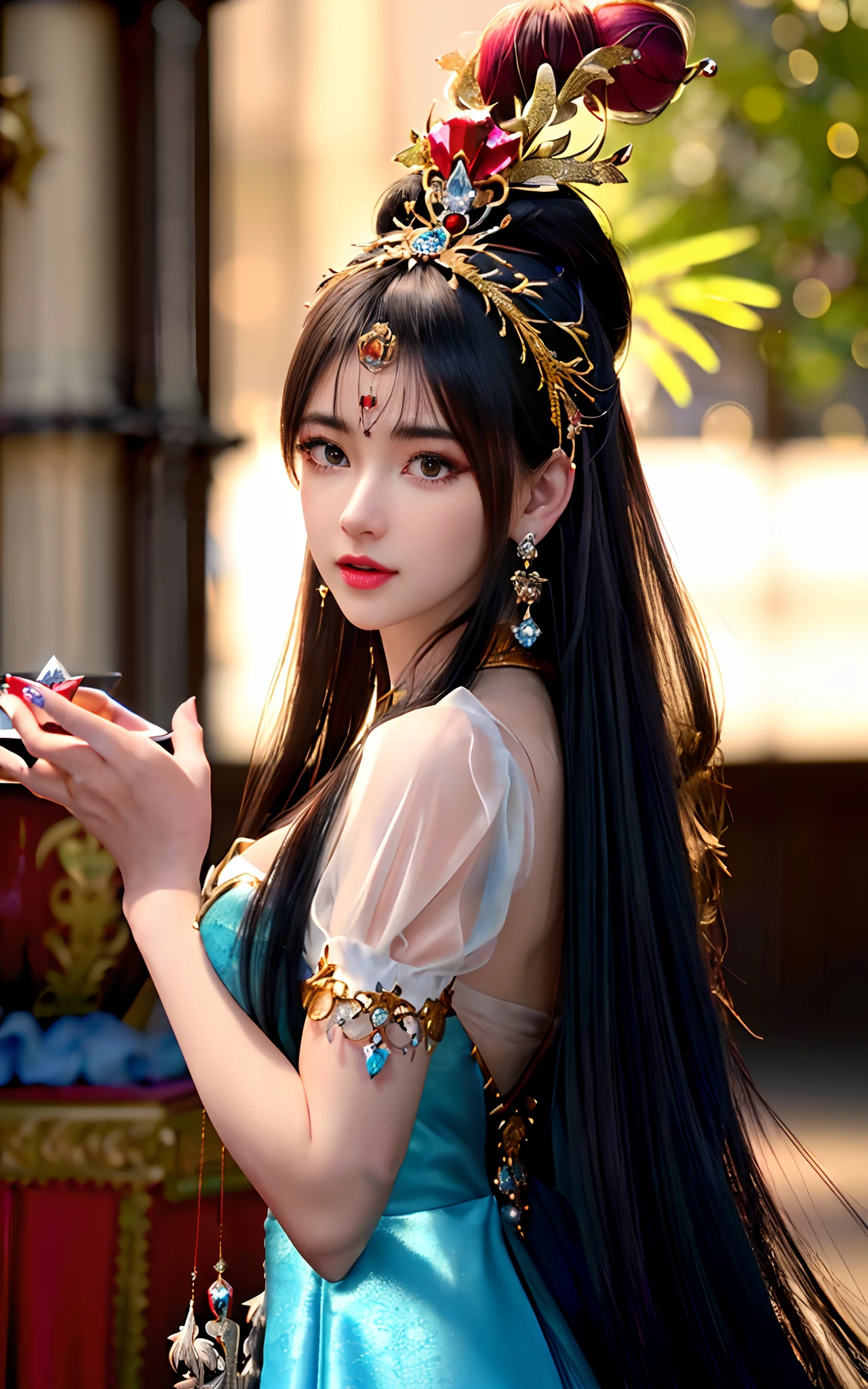 ((realisticity: 1.2)), ((realistic: 8K UHD)), ((best resolution: 8K UHD)), hyper detailed, best quality,masterpiece,highres,cg,
((1 hyper detailed and hyper realistic girl)), ((very beautiful queen dazzling, hyper realistic, and hyper detailed)),((white skin, beautiful, smooth, youthful, hyper realistic and hyper detailed
)), ((Hyper beautiful face, white, hyper realistic and hyper detailed)), long hair, ((hyper realistic and hyper detailed dress)), solo, ((hyper realistic, hyper beautiful, gorgeous and hyper detailed jewelry)), ((hyper beautiful, hyper realistic and hyper detailed dark red and golden yellow dress)),
((Hyper beautiful, hyper realistic, hyper detailed diamond filled earrings)),
((Hyper beautiful, hyper realistic and hyper detailed diamond filled hair ornament)), ((hyper beautiful upper body, hyper beautiful, hyper
realistic and hyper detailed)), ((big breasts: 2.5)),
((Hyper grand, hyper realistic and hyper detailed royal palace backgroun))
((Hyper beautiful, hyper beautiful, hyper realistic and hyper detailed hair bun)), ((hyper realistic and hyper detailed fingers and palms)), ((hyper beautiful, hyper realistic and hyper detailed blue hair)),
candid, Photograph, high resolution, 8k,Bokeh,