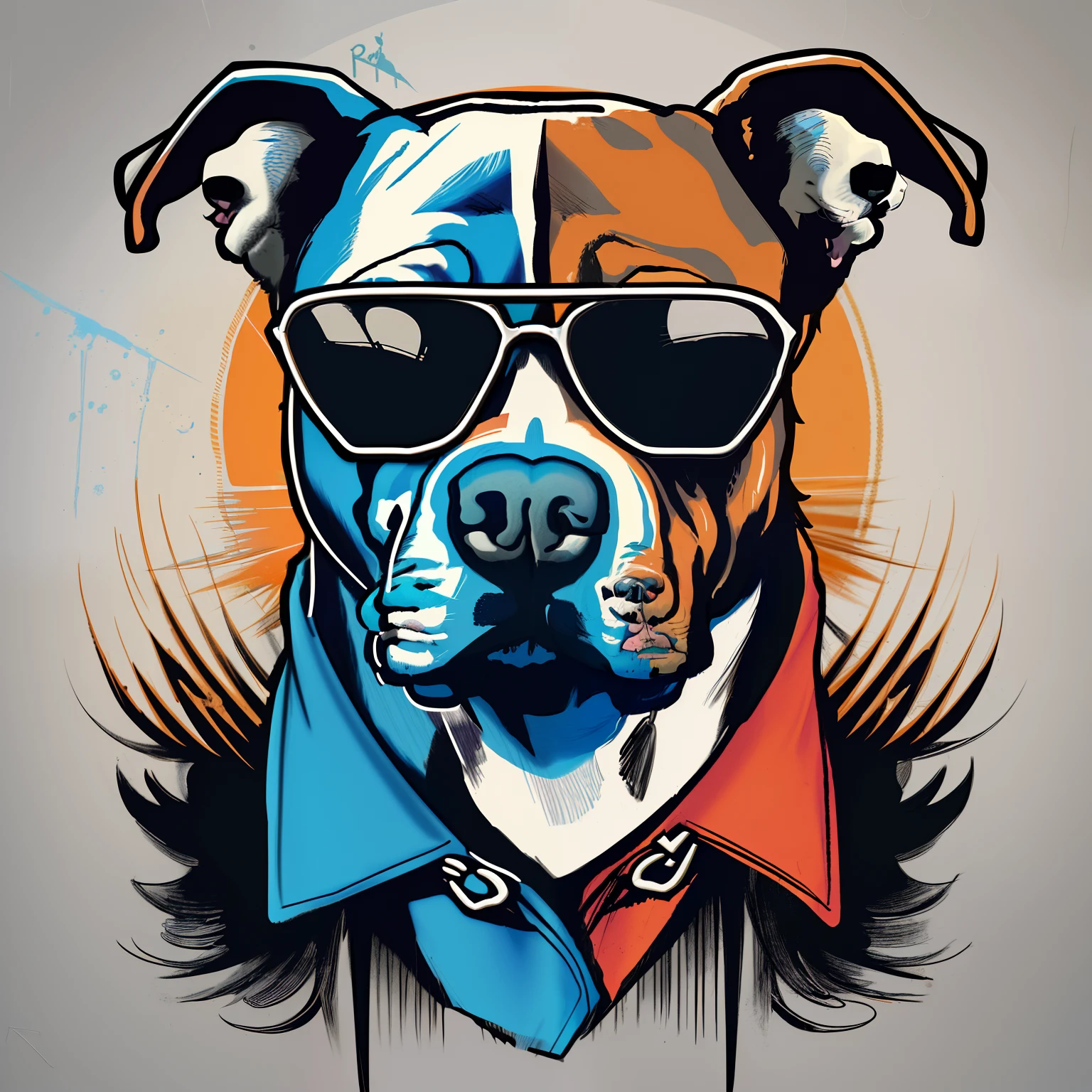 animal cachorro pitbull rock, usando roupa de rock anos 80, t-shirt design, 2d, imagem centralizada, fundo gradiente preto e azul, vetorizado, arte logo vetorial para estampa de camiseta, cores vividas splas