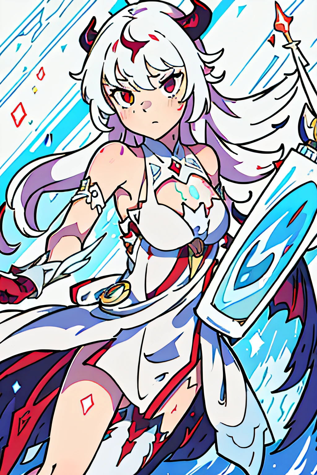 tmasterpiece,best qualtiy,ultra - detailed,illustratio,sportrait,1girl,realisticlying,White hair,banya,red eyes,with light glowing,exposed bare shoulders,glowing light eyes,Magic Array,light particules,llight rays,the wallpaper,The demons,paleskin,Succubus