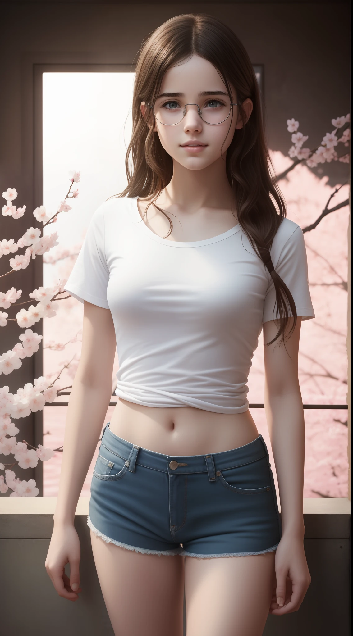 Pretty young Margaret Qualley, The Last of Us, Game, glasses, white shirt, tight shirt, horizontal striped shirt, wearing nice top, low neckline, wearing simple, tight clothes, short shorts, dark tights, hyperrealistic, 14 years old, model's body, small breasts, beautiful breasts, long hair, layered hairstyle, blonde hair, long legs, 8k, in front of the lake, cherry blossom, sunlight, led lighting, blood on the wall, pool of blood, full of human remains, detailed reflection, anime style, smiling