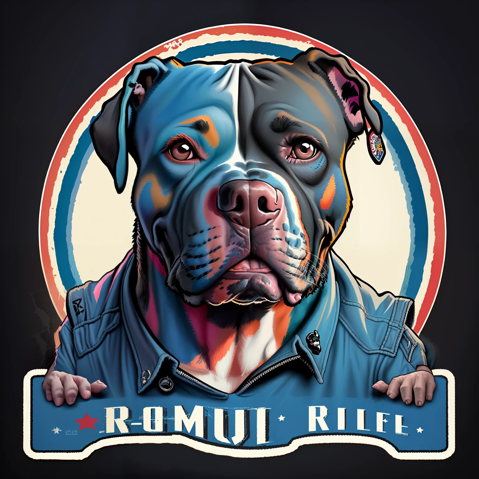 animal cachorro pitbull rock, usando roupa de rock anos 80, t-shirt design, 2d, imagem centralizada, fundo gradiente preto e azul, vetorizado, arte logo vetorial para estampa de camiseta, cores vividas splas