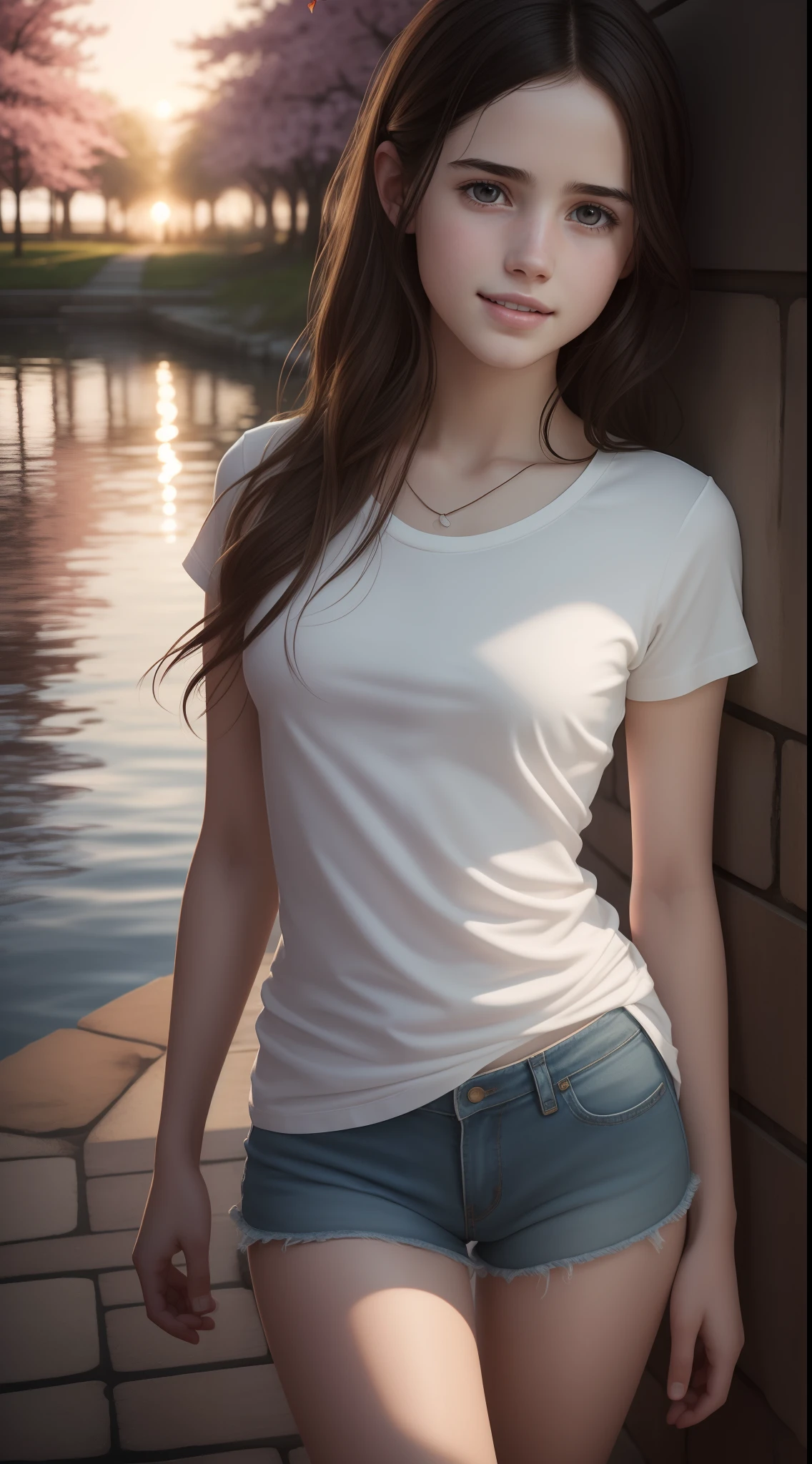 Pretty young Margaret Qualley, The Last of Us, Game, glasses, white shirt, tight shirt, horizontal striped shirt, wearing nice top, low neckline, wearing simple, tight clothes, short shorts, dark tights, hyperrealistic, 14 years old, model's body, small breasts, beautiful breasts, long hair, layered hairstyle, blonde hair, long legs, 8k, in front of the lake, cherry blossom, sunlight, led lighting, blood on the wall, pool of blood, full of human remains, detailed reflection, anime style, smiling