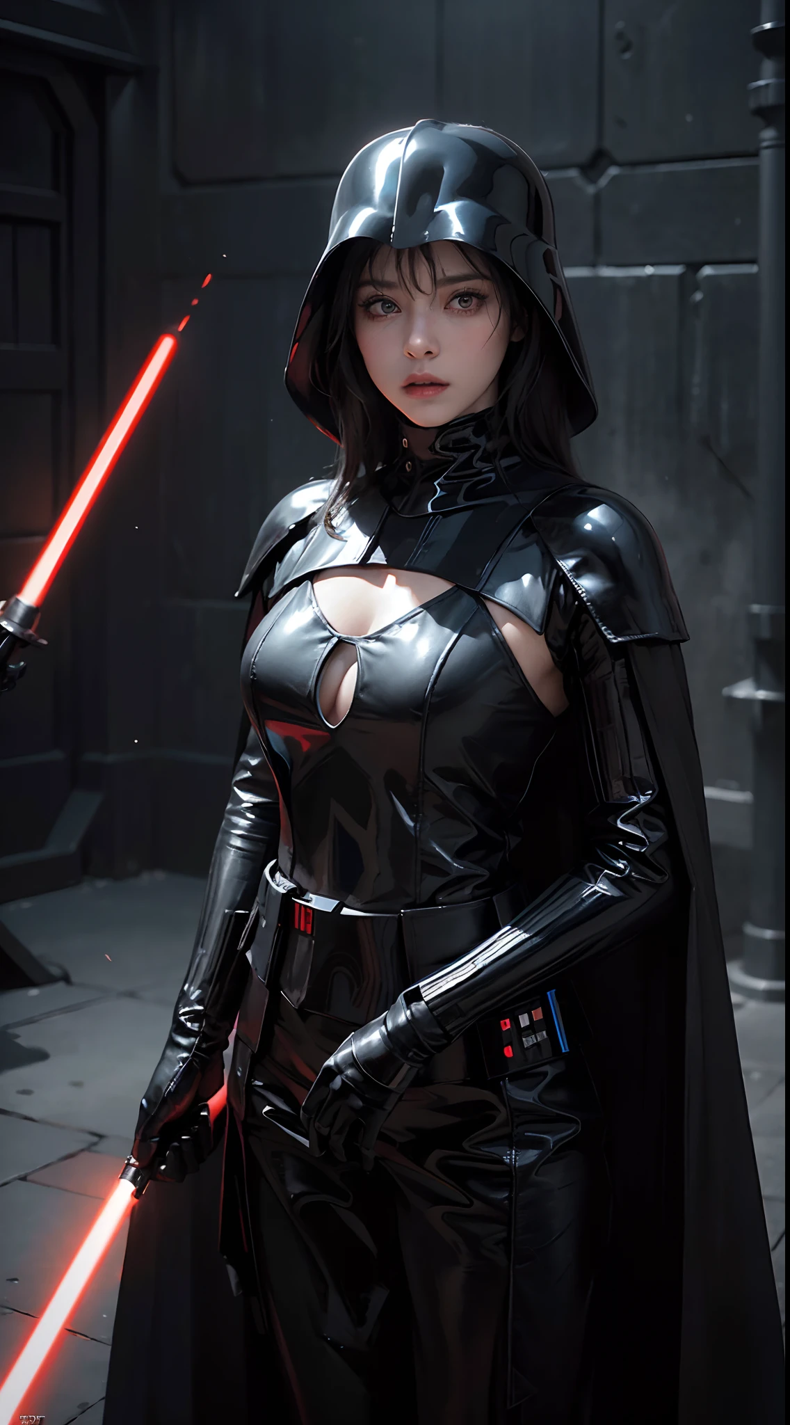 Woman dressed as Darth Vader from Star Wars, In the fortress of loneliness, Looks cool, (ultra realistis), (illustartion), (High Resolution), (8K), (Very detailed), (Best illustration), (Best Quality), (Ultra Detailed), (Masterpiece), 独奏, (dynamicpose), dark studio