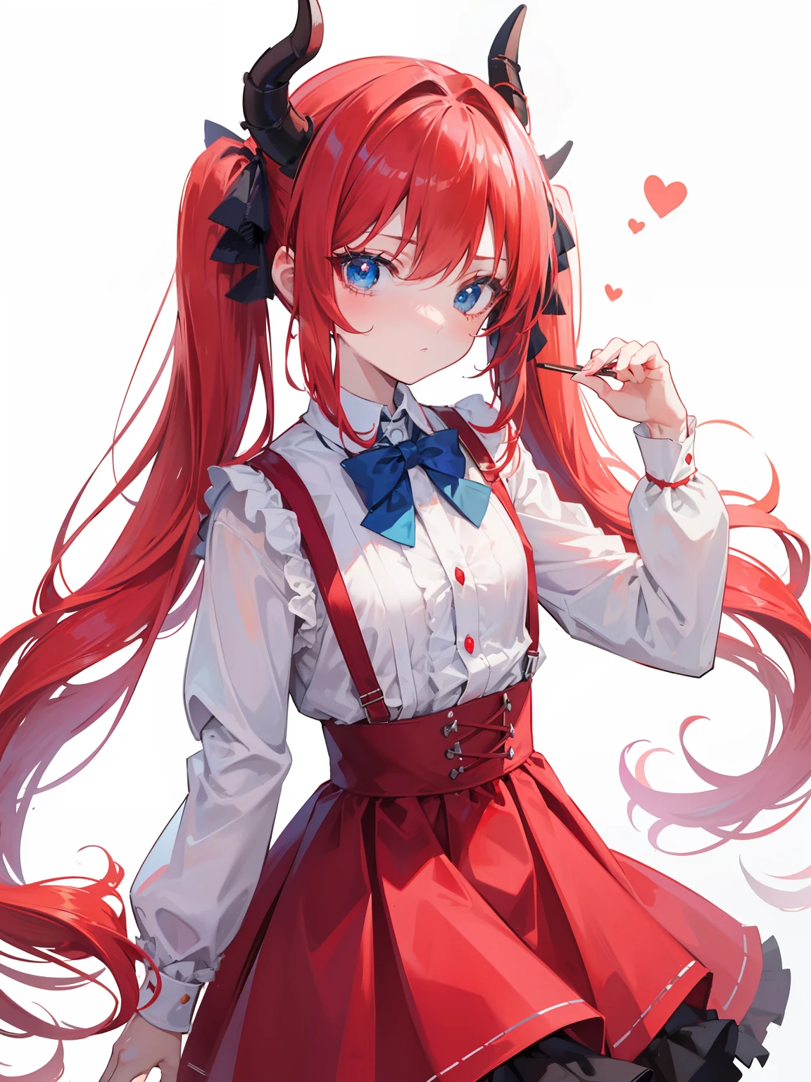 {{best quality}}, {{masterpiece}}, {{ultra-detailed}}, {illustration}, {detailed light}, red hair,blue eyes,twintails,lolita,Suspenders skirt,Fantastic,loli,solo,Dragon horns,little girl,long hair