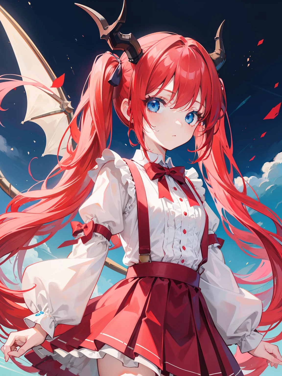 {{best quality}}, {{masterpiece}}, {{ultra-detailed}}, {illustration}, {detailed light}, red hair,blue eyes,twintails,lolita,Suspenders skirt,Fantastic,loli,solo,Dragon horns, girl,long hair