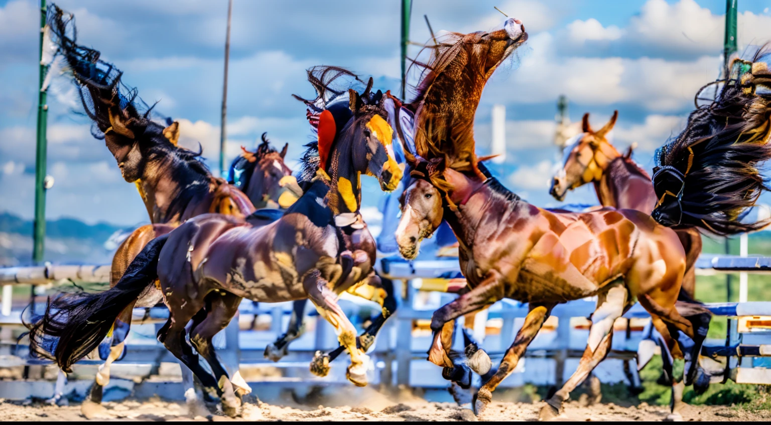 8 horses，1#cavalos，2#cavalos，3#cavalos，4#cavalos，5#cavalos，6#cavalos，7#cavalos，8#cavalos。Eight horses in the herd were clustered together，Gallop across the steppe like a clock。Warhorses from high heaven and nightmares from hell become the upper and lower ends of the main color of the picture，Make the sky brighter in the steppe，The Earth is deeper。The wind wings of the wind elf horse let its position be erratic，The mechanical horse mecha is full of beauty。Unicorns show their beauty in rainbow neon lights，Next to it is the competing Dragon Horse。The female knight charges on her knightly warhorse，No doubt about it，She is the protagonist of this photo。There is also a horse from unknown territory mixed in，It has an eerie style and almost unimaginable chaotic overtones。Use the Potential Couple plugin to make all eight horses have separate images，Some locations use stacking and nesting as well as perspective composition，Make the most of canvas space。With Midjourney's advanced brush tools and palettes and strokes, Try different models and materials，Create a surreal look for your scene，Add complex textures and light and shadow effects to the look of all horses，Add an atmosphere of realism and surrealism，Emphasize the strength and speed of the horse，A chaotically layered nine-square grid，Give the picture a unified style of contradiction and harmony。Use Midjourney's powerful tools，You can bring this magnificent and futuristic scene to life with incredible detail and beauty。 Large wide angle，A grand spectacle，super wide shot， hdr，（真实感，Masterpiece quality，best qualtiy），