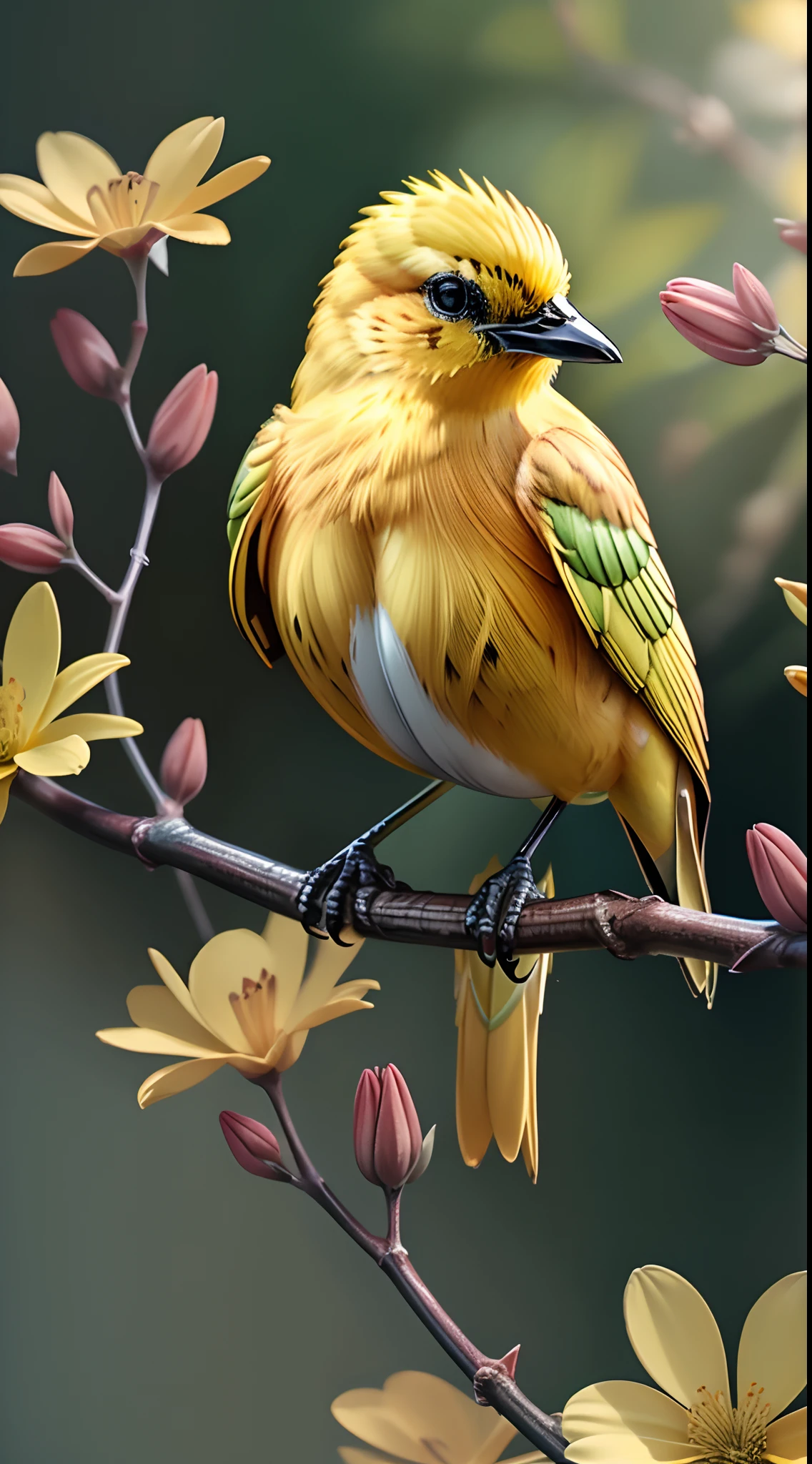 yellow bird,  flower, masterpieces, top quality, best quality, official art, beautiful and aesthetic,  8k raw, realistic, yang08k,