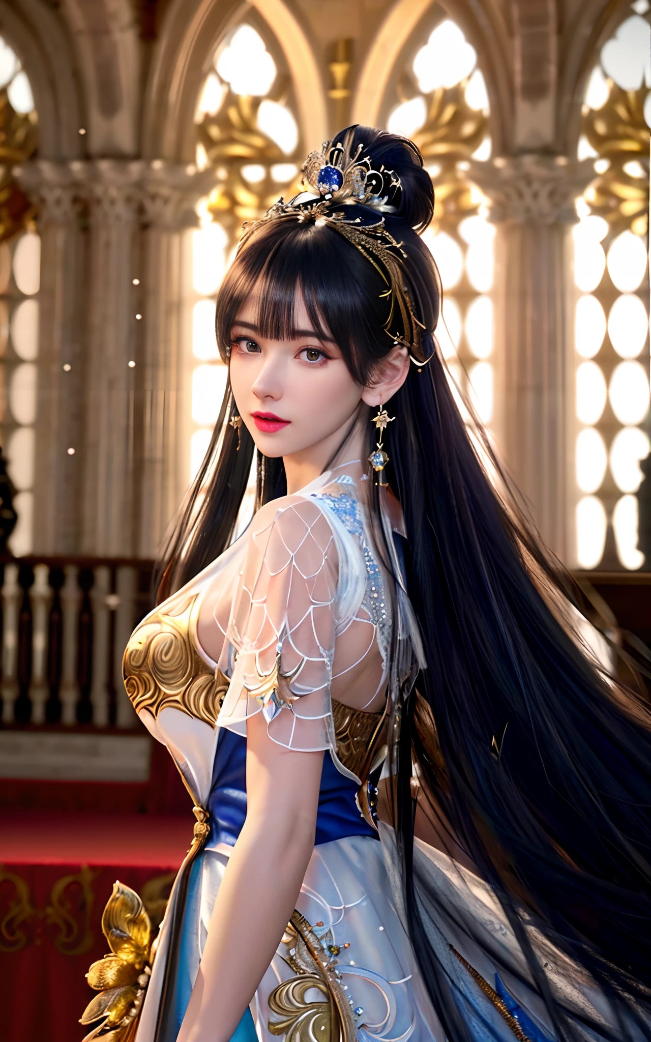 ((realisticity: 1.2)), ((realistic: 8K UHD)), ((best resolution: 8K UHD)), hyper detailed, best quality,masterpiece,highres,cg,
((1 hyper detailed and hyper realistic girl)), ((very beautiful queen dazzling, hyper realistic, and hyper detailed)),((white skin, beautiful, smooth, youthful, hyper realistic and hyper detailed
)), ((Hyper beautiful face, white, hyper realistic and hyper detailed)), long hair, ((hyper realistic and hyper detailed dress)), solo, ((hyper realistic, hyper beautiful, gorgeous and hyper detailed jewelry)), ((hyper beautiful, hyper realistic and hyper detailed dark red and golden yellow dress)),
((Hyper beautiful, hyper realistic, hyper detailed diamond filled earrings)),
((Hyper beautiful, hyper realistic and hyper detailed diamond filled hair ornament)), ((hyper beautiful upper body, hyper beautiful, hyper
realistic and hyper detailed)), ((big breasts: 2.5)),
((Hyper grand, hyper realistic and hyper detailed royal palace backgroun))
((Hyper beautiful, hyper beautiful, hyper realistic and hyper detailed hair bun)), ((hyper realistic and hyper detailed fingers and palms)), ((hyper beautiful, hyper realistic and hyper detailed blue hair)),
candid, Photograph, high resolution, 8k,Bokeh,