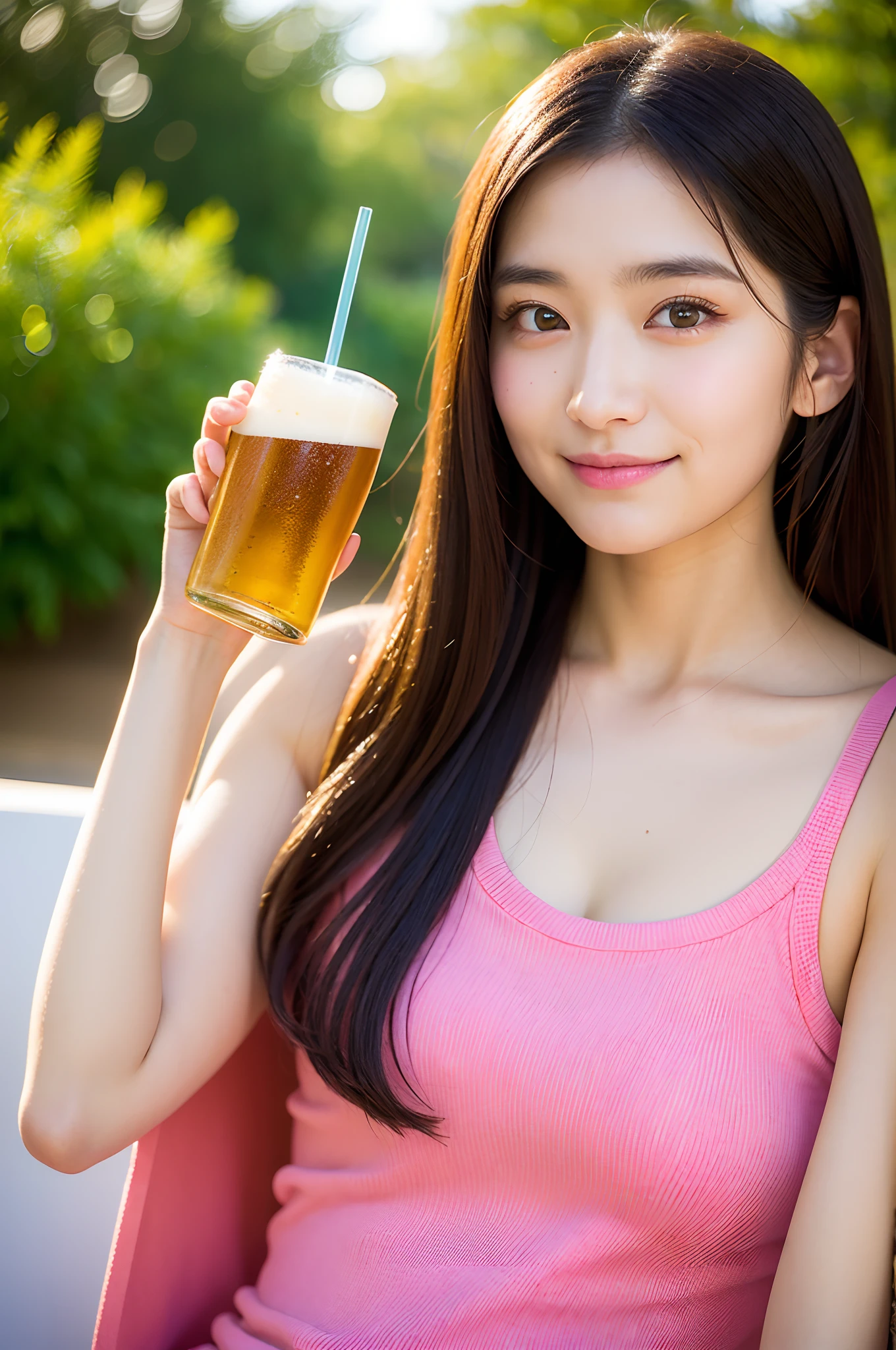 (8K、Raw photography、Photorealsitic:1.25)、1little girl、(20 year old woman with beautiful perfect face、Drink beer deliciously:1.5)、The moment you are drinking beer right now、Happy expression of blissful time、profile、Holding a beer mug in one hand、Put your mouth on the mug、on a couch、Pink camisole、Pink shorts、lipgloss、long lashes、Beautiful expression、shiny bare skin、top-quality、超A high resolution、a closeup