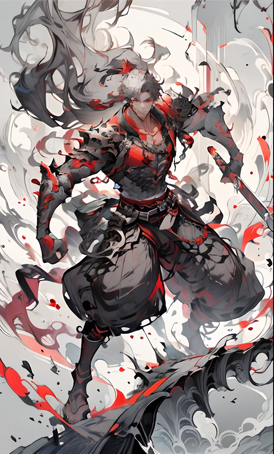1boy、hightquality、Detailed details、Dynamic poses、Male subject with a sword、Long hair、Grey Hair、pectoral muscles、Belt bag、Shoulder Armor、Full body、facial hairs、Red eyes、muscular appearance、Smoke production、jewely、Red pants