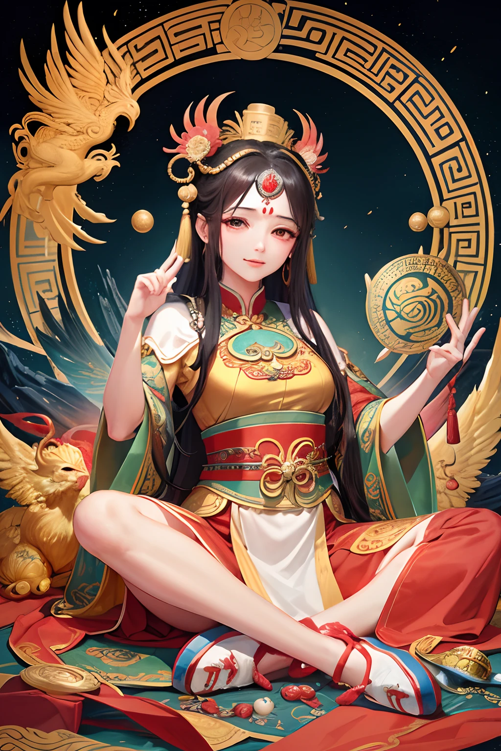an ancient Chinese goddess, guanyin of the southern seas, Guanyin, Inspired by India, Avalokiteshvara rides a phoenix,,Serene expression,shui mo hua,Buddha,Buddhist,Lotus,Chinese painting style,Thangka style