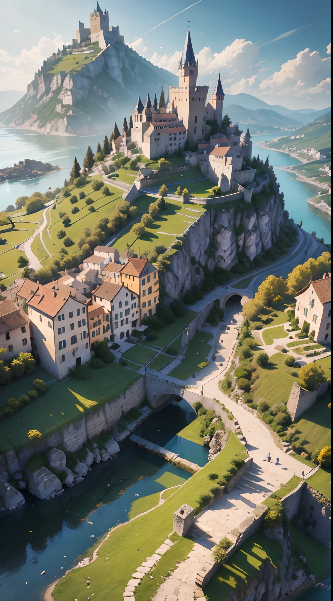 Alafed village on a hill with castle in the background, Village castle, imposing, a small medieval village, Italy, vila, medieval town, medieval village, Fantasy Italy, Quaint village, italian masterpiece,  Medieval coastal village, medieval town landscape、cobblestone road、view from the street