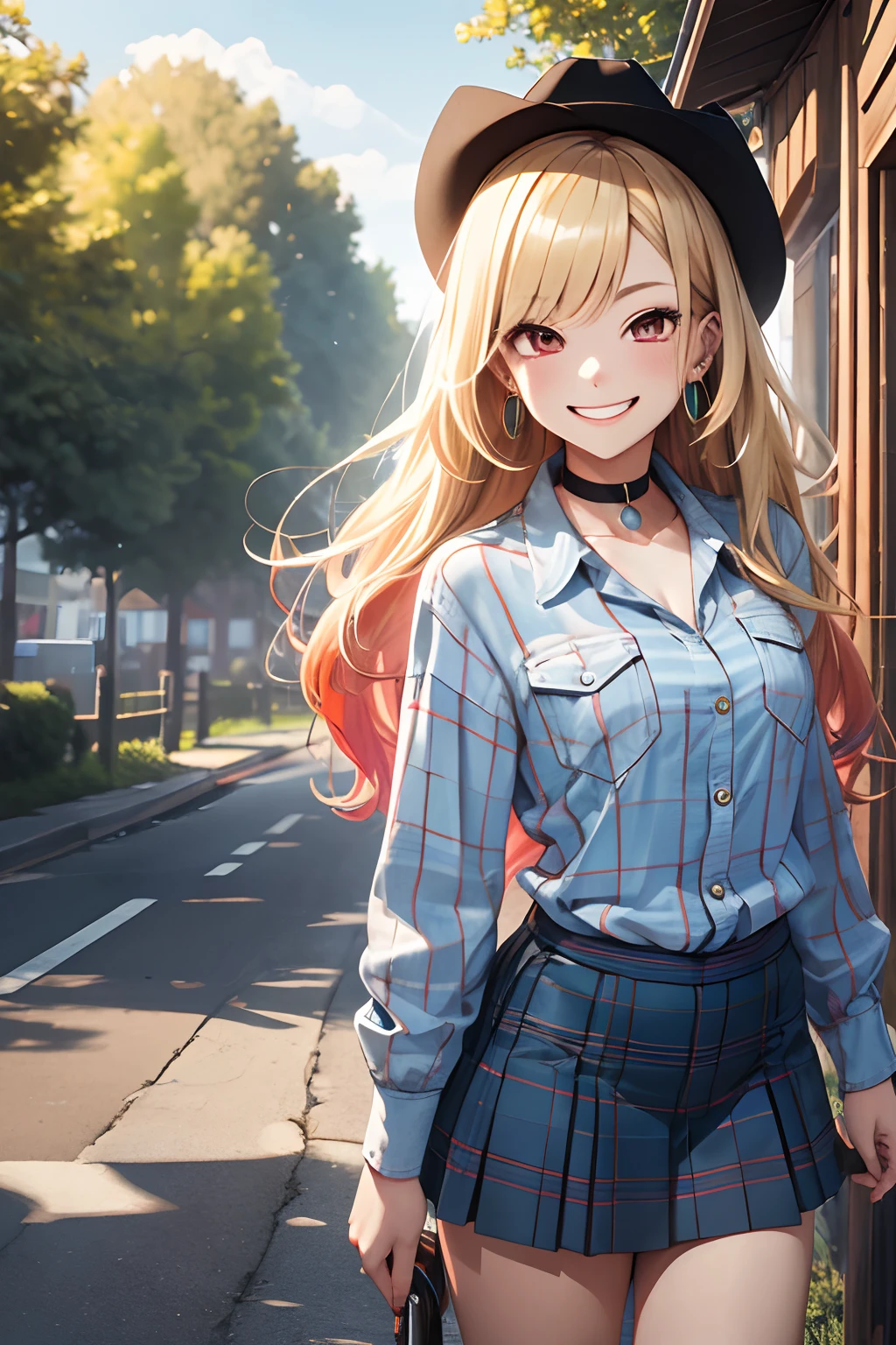 masterpiece, best quality, highres, kitagawa marin, 1girl, blonde hair, long hair, multicolored hair, red eyes, jewelry, earrings, piercing, Top,jeanes, black choker, plaid skirt, grin, smile, standing, cowboy shot, outdoors,