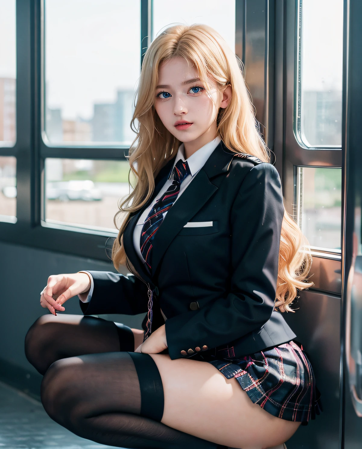 1girl, ((Blue Eyes)), Seductive face, ((Sana Minatozaki)), wide hips, Big Boobs, big ass, (Best Quality, 8k, Masterpiece: 1.3)) ) , Clear Focus: 1.2, Perfect Body Beauty : 1.4, Slender Abs: 1.2, Wet Body: 1.5, Highly detailed face and skin texture, detailed eyes, double eyelids, long_blonde_hair, long legs, Blazer uniform_brown, school shirt, plaid_skirt, tie_black, thigh-high_cover_stockings, squatting