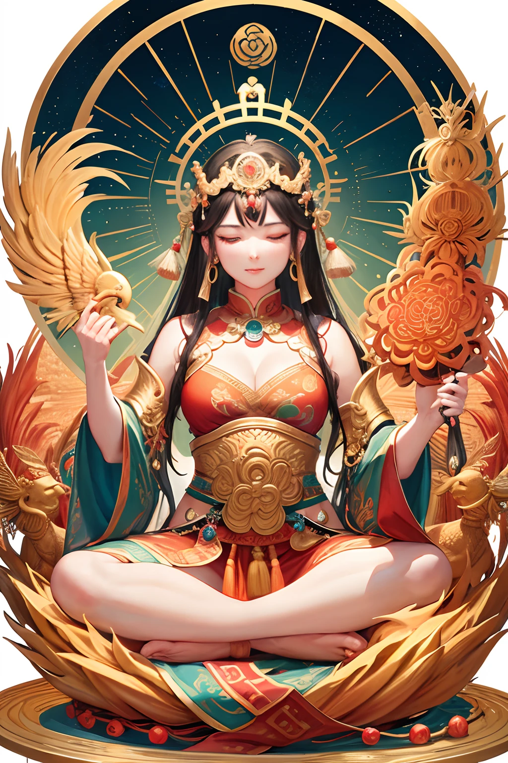 an ancient Chinese goddess, guanyin of the southern seas, Guanyin, Inspired by India, Avalokiteshvara rides a phoenix，,Serene expression,shui mo hua,Buddha,Buddhist,Lotus,Chinese painting style,Thangka style