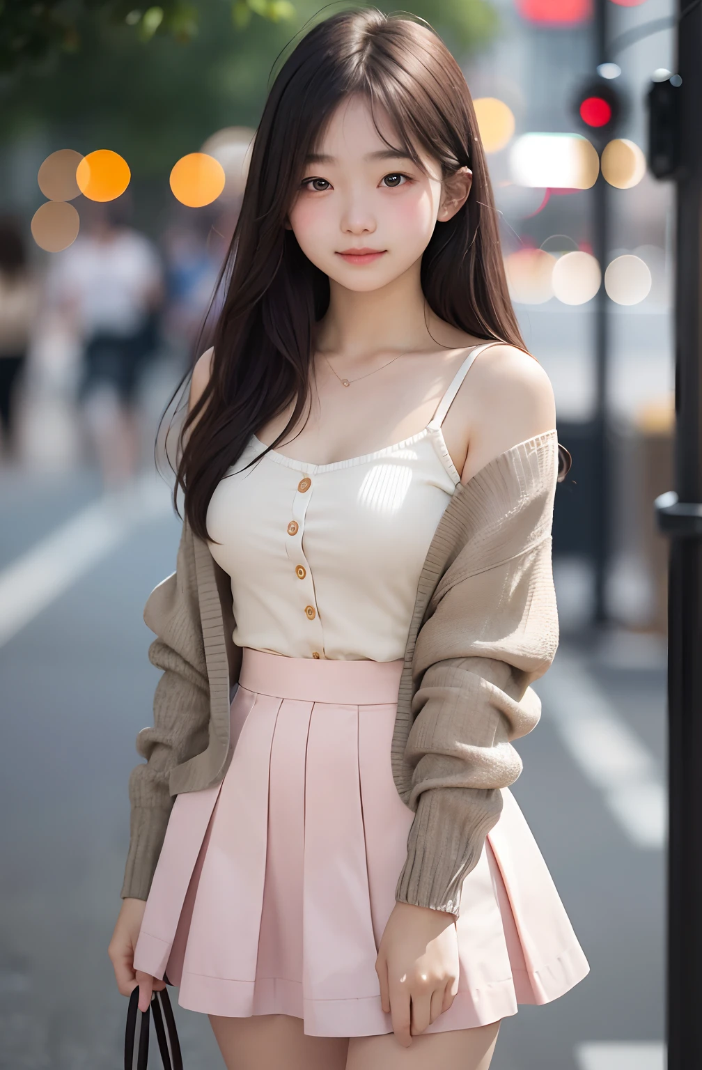 1girl, cute, 16 years old, shy expression, While looking at the camera, spaghetti strap top, high waist short skirt, photo, realistic, best quality, hires, detailed face, detailed background, diffused lighting, depth of field, bokeh, cardigan, blushing cheeks,