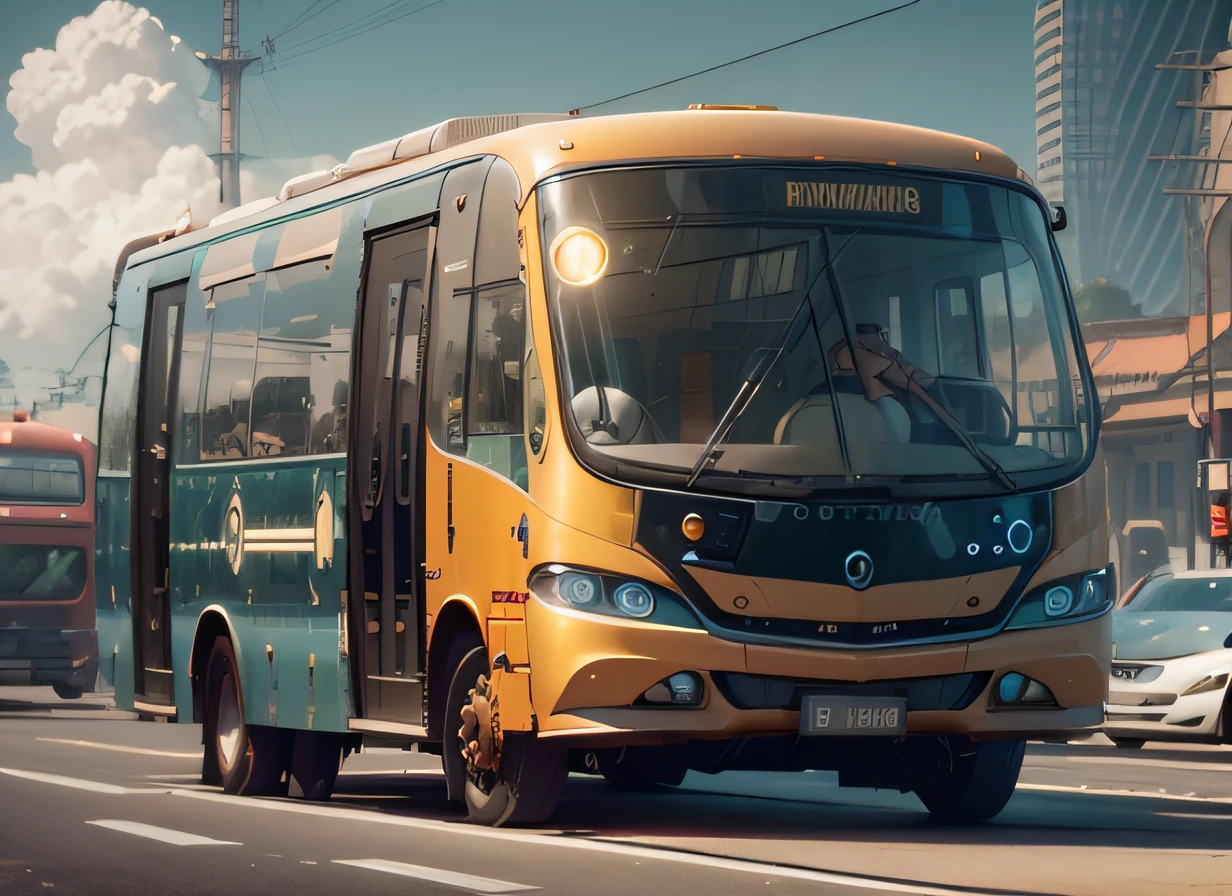 futuristic bus, brancos de fundo, Corpo Steampunk, detalhes intrincados, Magnificent, cinemactic, high resolution, 4k,