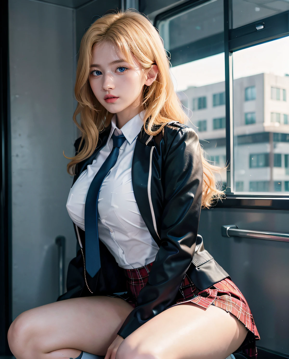 1girl, ((Blue Eyes)), Seductive face, ((Sana Minatozaki)), wide hips, Big Boobs, big ass, (Best Quality, 8k, Masterpiece: 1.3)) ) , Clear Focus: 1.2, Perfect Body Beauty : 1.4, Slender Abs: 1.2, Wet Body: 1.5, Highly detailed face and skin texture, detailed eyes, double eyelids, long_blonde_hair, long legs, Blazer uniform_brown, school shirt, plaid_skirt, tie_black, thigh-high_cover_stockings, squatting