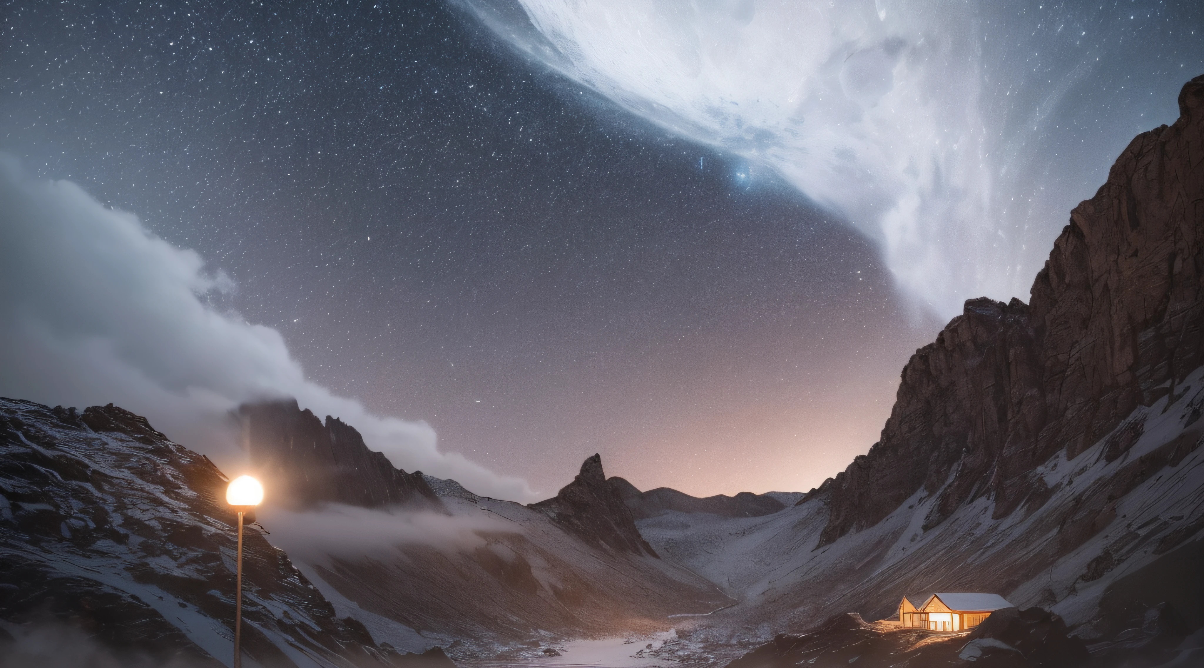 themoon,A mountain village illuminated by thousands of households,waterfallr,galactic,(8K,best qualtiy,tmasterpiece:1.2),(realisticlying:1.37),god light,Soft light effects,Cinematic quality,Cinematic lighting effects