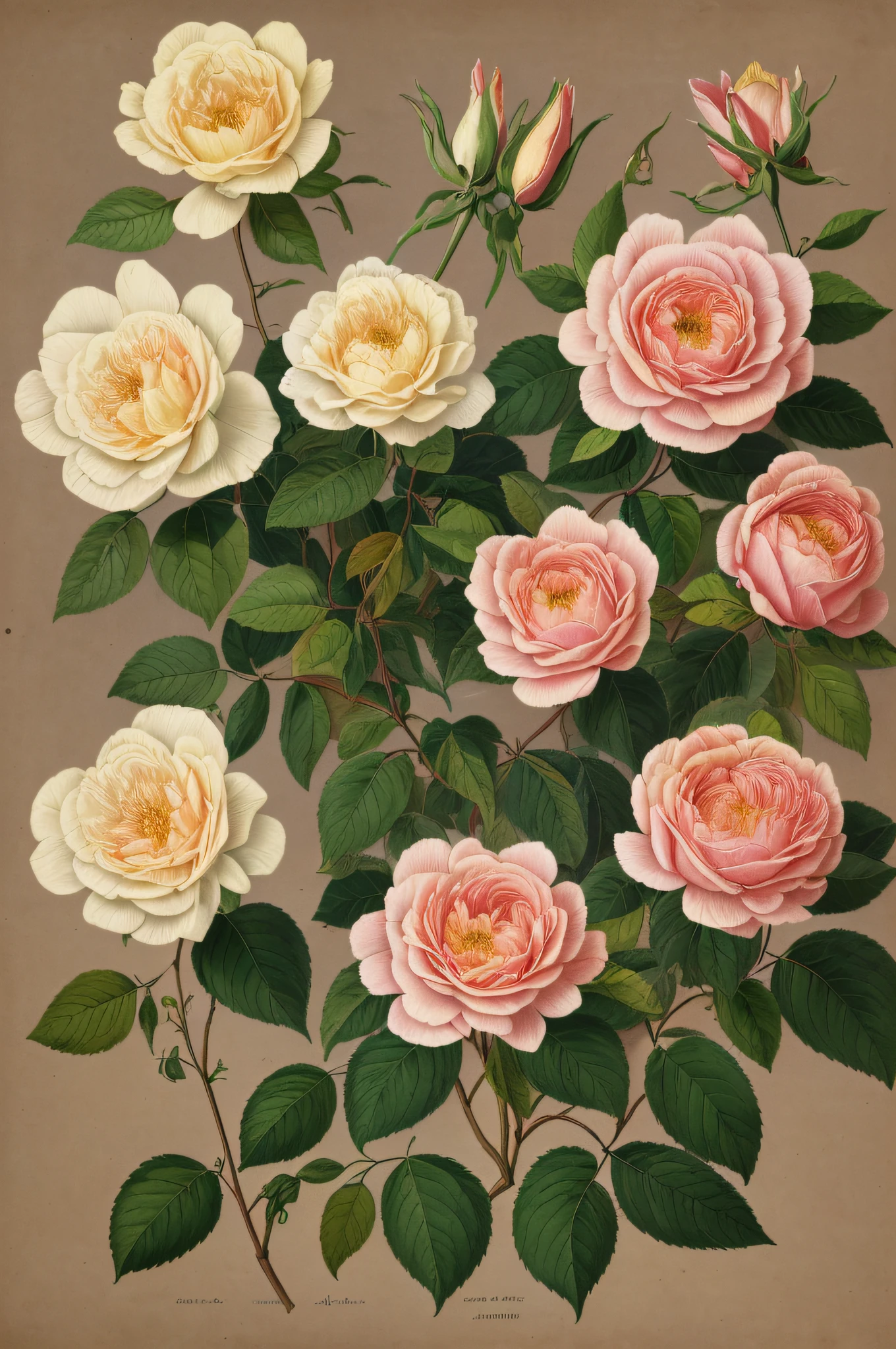 (best quality:1.2), (detailed:1.2), (masterpiece:1.2), vintage botanical illustrations of Larger Provence Rose (1770 1775) in high resolution by John Edwards