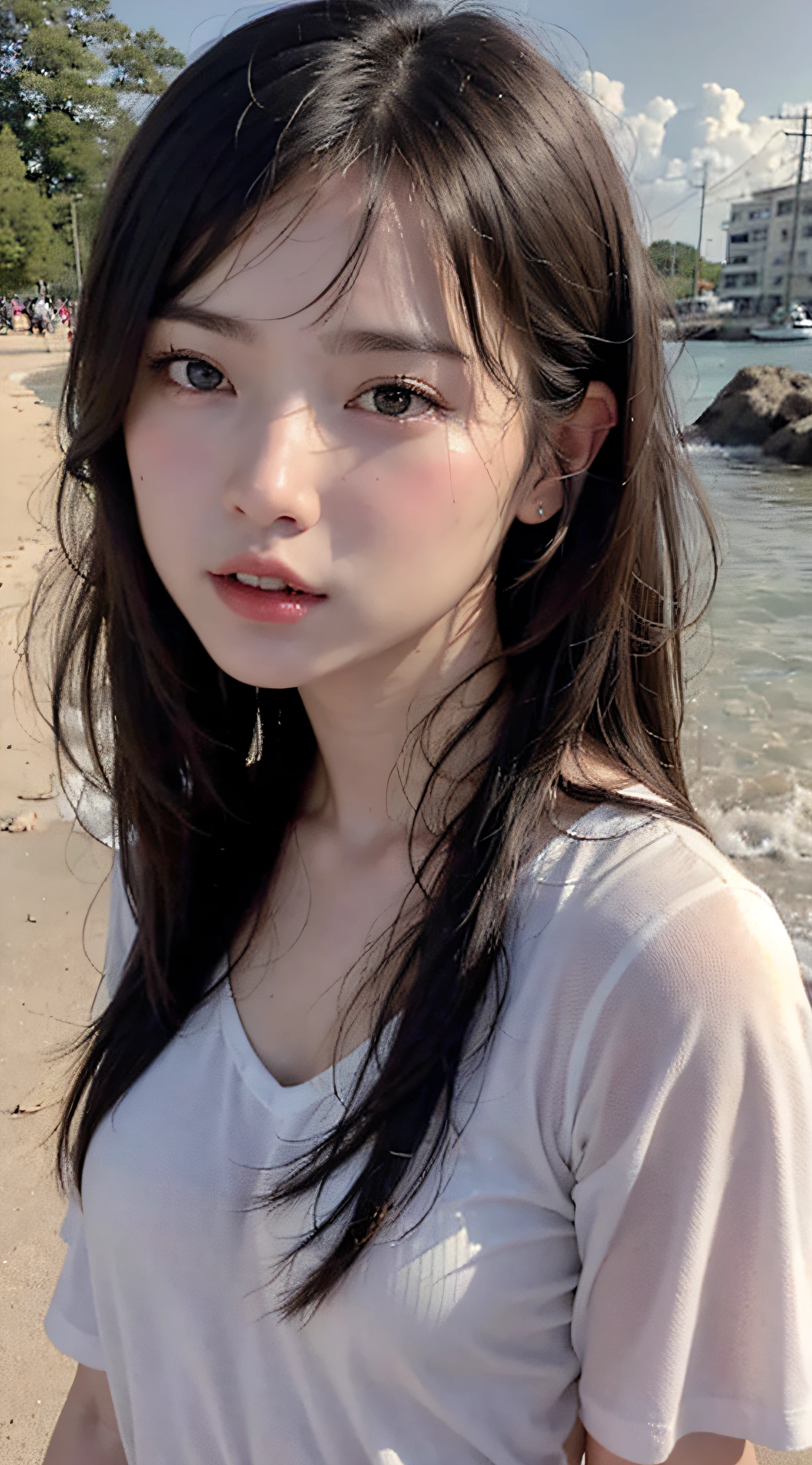 (((top-quality、in 8K、​masterpiece:1.3, Photorealsitic:1.4, Realistic human skin)), A Japanese Lady, 1 female, A dark-haired, With bangs, long straight hair, {{{Japan schoolgirl uniform}}}, a baby face:1.0, with round face, Embarrassed look, Highly detailed facial and skin texture, A detailed eye, Detailed lips、Highly detailed hair depiction, Sober but cute girl, Natural makeup:1.1