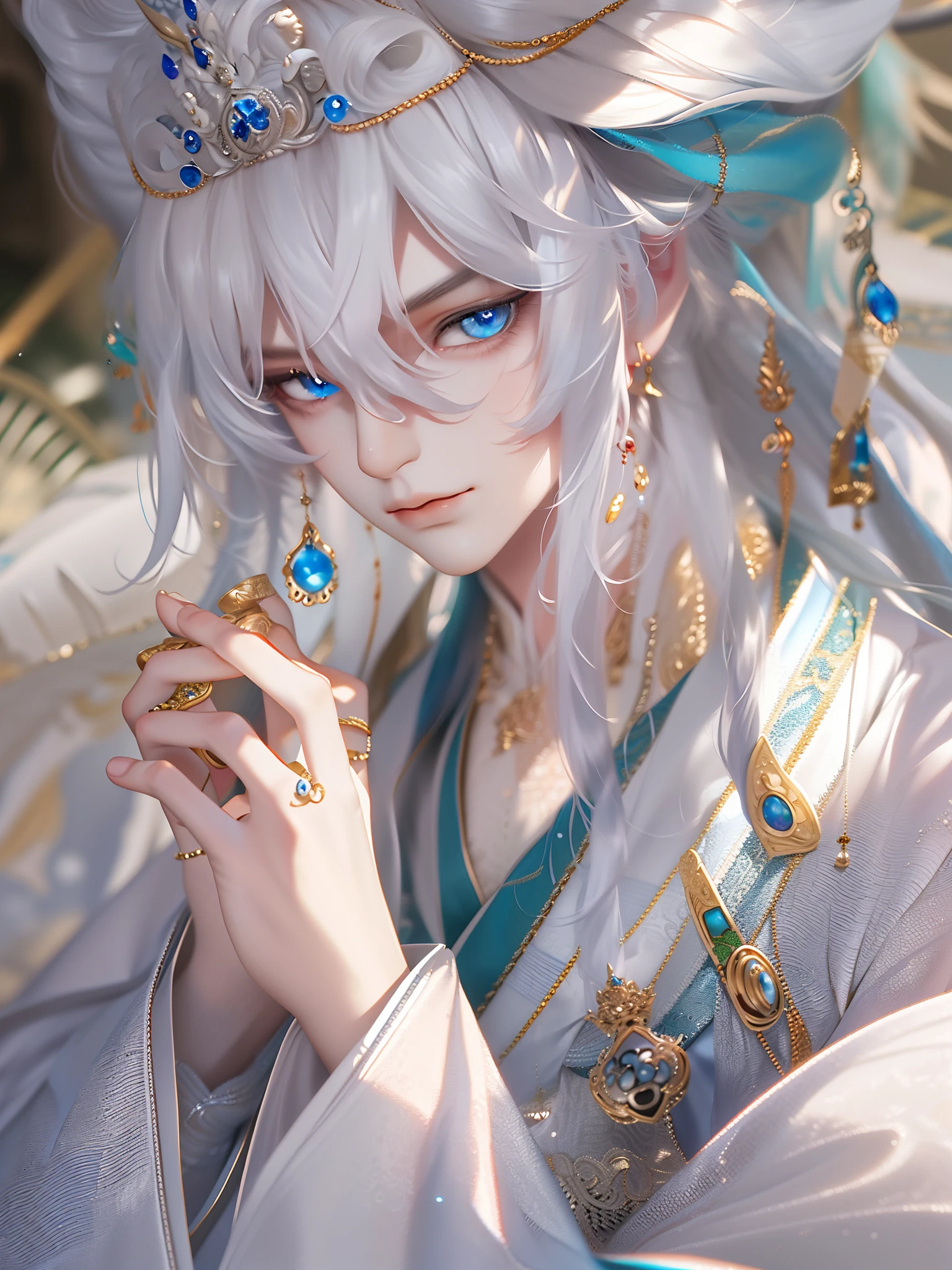 Best quality, masterpiece, highly detailed wallpaper, long hair, blue eyes, holding, blurry, long sleeves, blurry background, solo, 1boy, jewelry, white hair, chinese clothes, male focus, looking at viewer, crown, robe, hair ornament, closed mouth