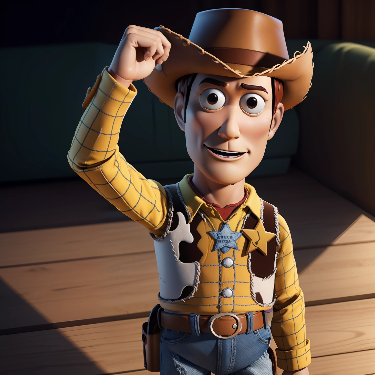 3D, Personagem desenho em 3D, Woody, toy story, altamente detalhado, cinematic lighthing