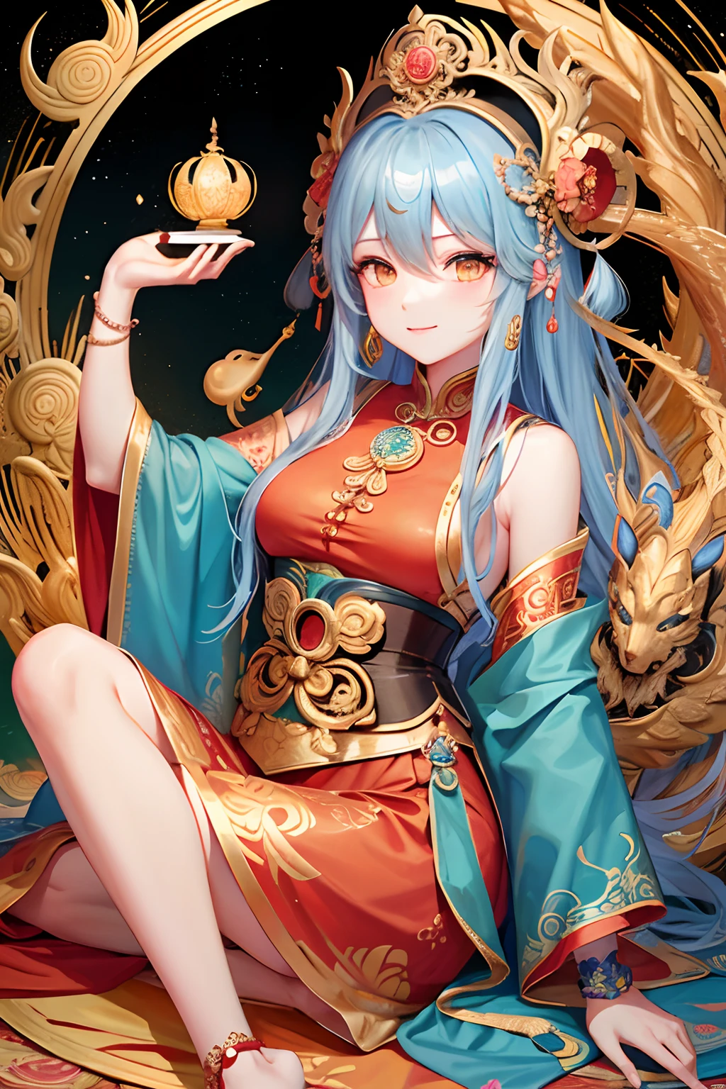 an ancient Chinese goddess, guanyin of the southern seas, Guanyin, Inspired by India, Avalokiteshvara rides a dragon,,Serene expression,shui mo hua,Buddha,Buddhist,Lotus,Chinese painting style,Thangka style