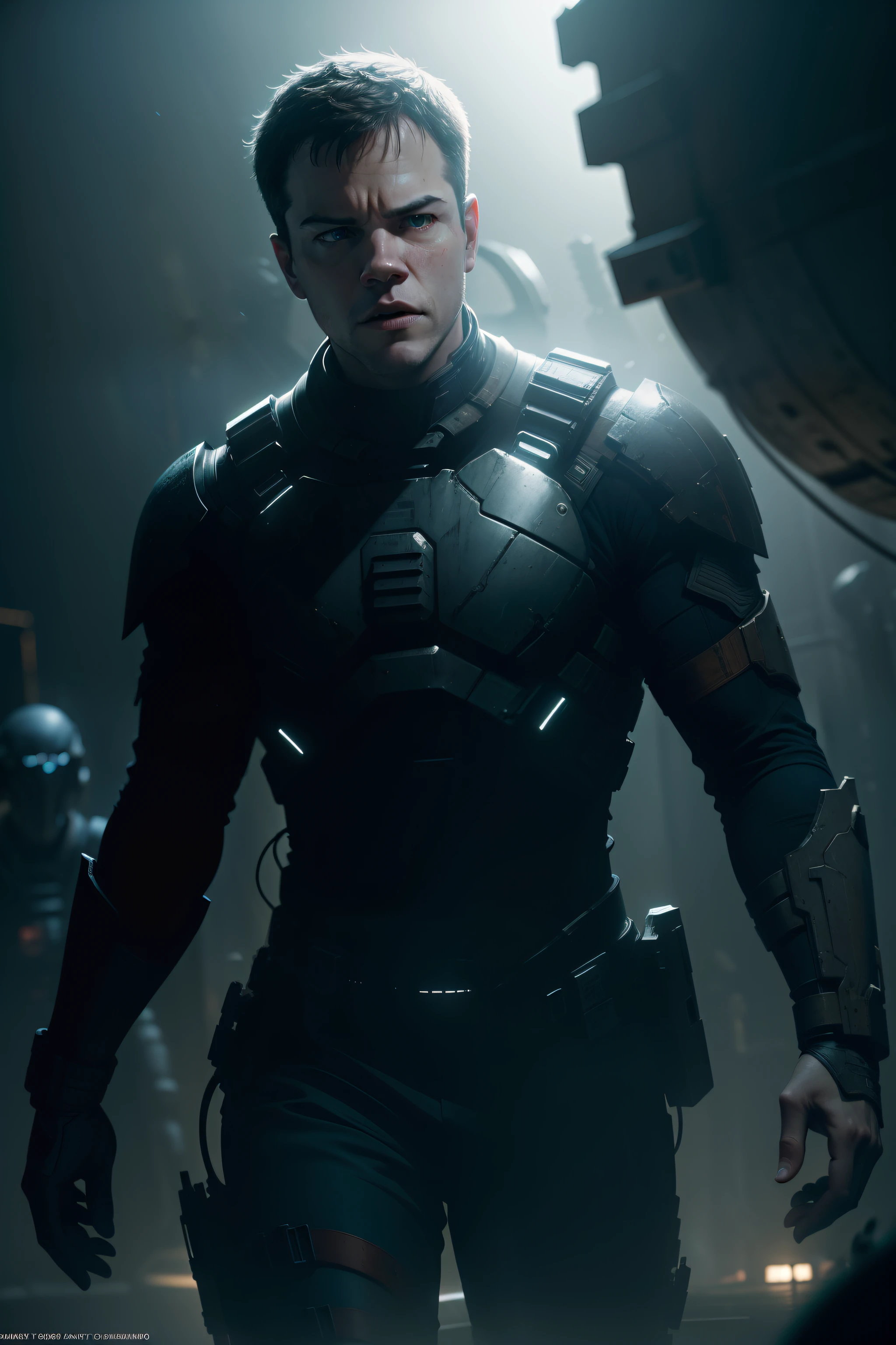 Sci Fi Horror Dead Space Matt Damon and Amy Adams on Ishimura Haunted Ship surrounded by necromorphs photography, natural light, photorealism, cinematic rendering, ray tracing, the highest quality, the highest detail, Cinematic, Third-Person View, Blur Effect, Long Exposure, 8K, Ultra-HD, Natural Lighting, Moody Lighting, Cinematic Lighting
