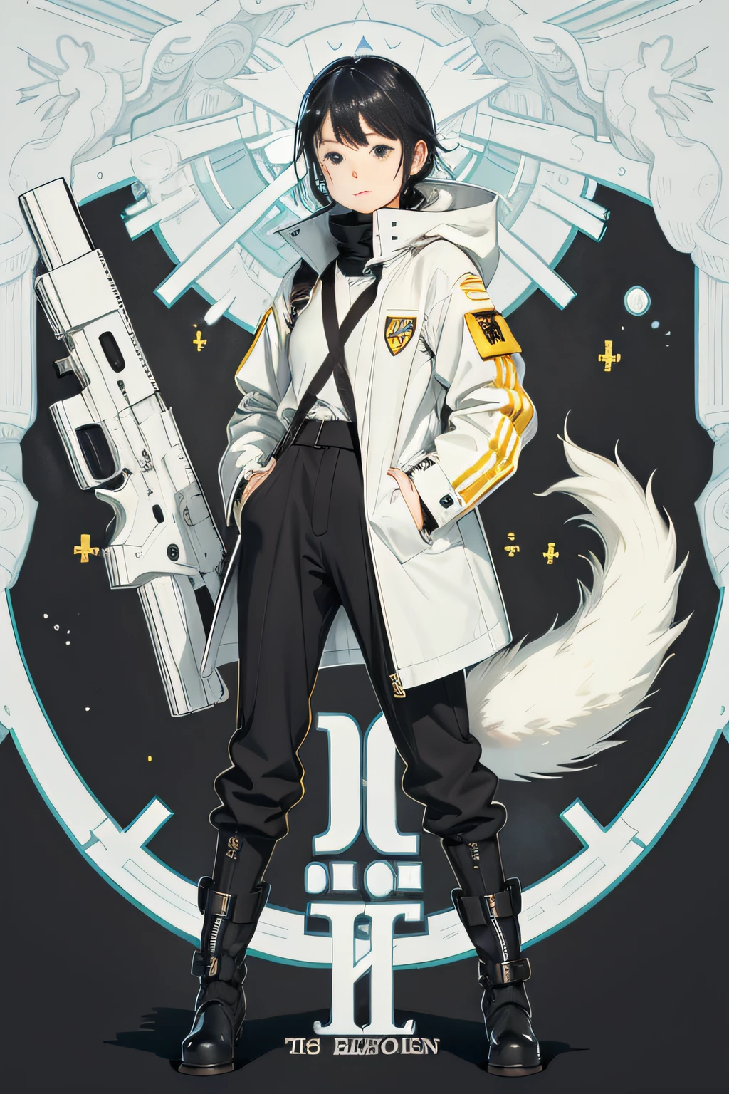 Kizi。168,Yellow pupil,The eye opening and closing degree is average,The face is more neutral,Two pieces in the middle,The back of the head is a low tail,There are broken hairs,Wearing a white shirt,There are black firearms straps,There are no guns in the straps,Wearing black wide-leg mid pants,Black mid-tube boots,White calf socks,Wear a white functional wind research coat,Left hand in pocket