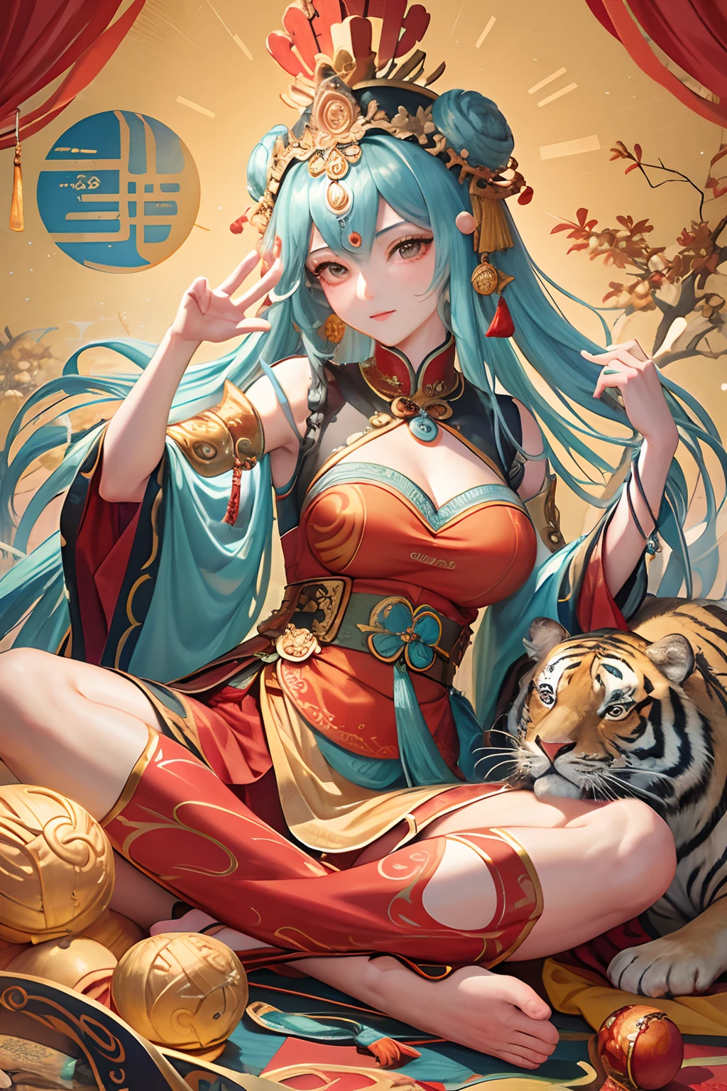 an ancient Chinese goddess, guanyin of the southern seas, Guanyin, Inspired by India, Avalokiteshvara rides a tiger,,Serene expression,shui mo hua,Buddha,Buddhist,Lotus,Chinese painting style,Thangka style
