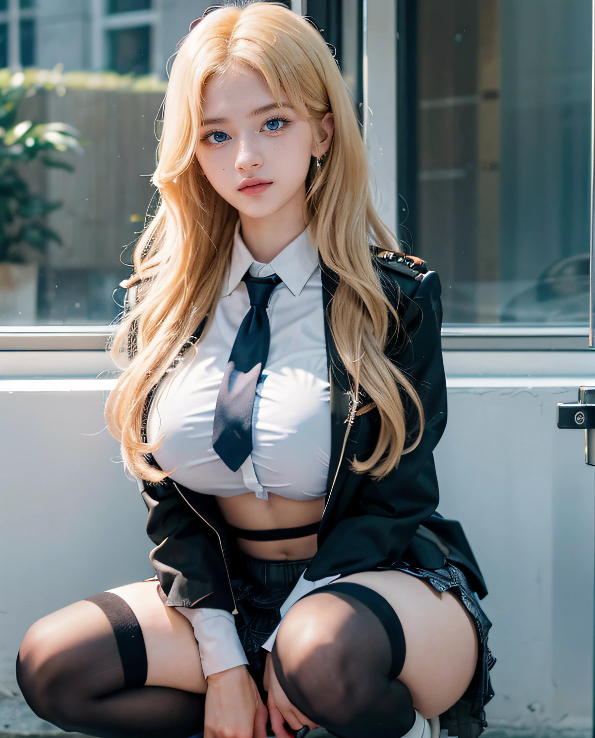 1girl, ((Blue Eyes)), Seductive face, ((Sana Minatozaki)), wide hips, Big Boobs, big ass, (Best Quality, 8k, Masterpiece: 1.3)) ) , Clear Focus: 1.2, Perfect Body Beauty : 1.4, Slender Abs: 1.2, Wet Body: 1.5, Highly detailed face and skin texture, detailed eyes, double eyelids, long_blonde_hair, long legs, Blazer uniform_brown, school shirt, plaid_skirt, tie_black, thigh-high_cover_stockings, squatting