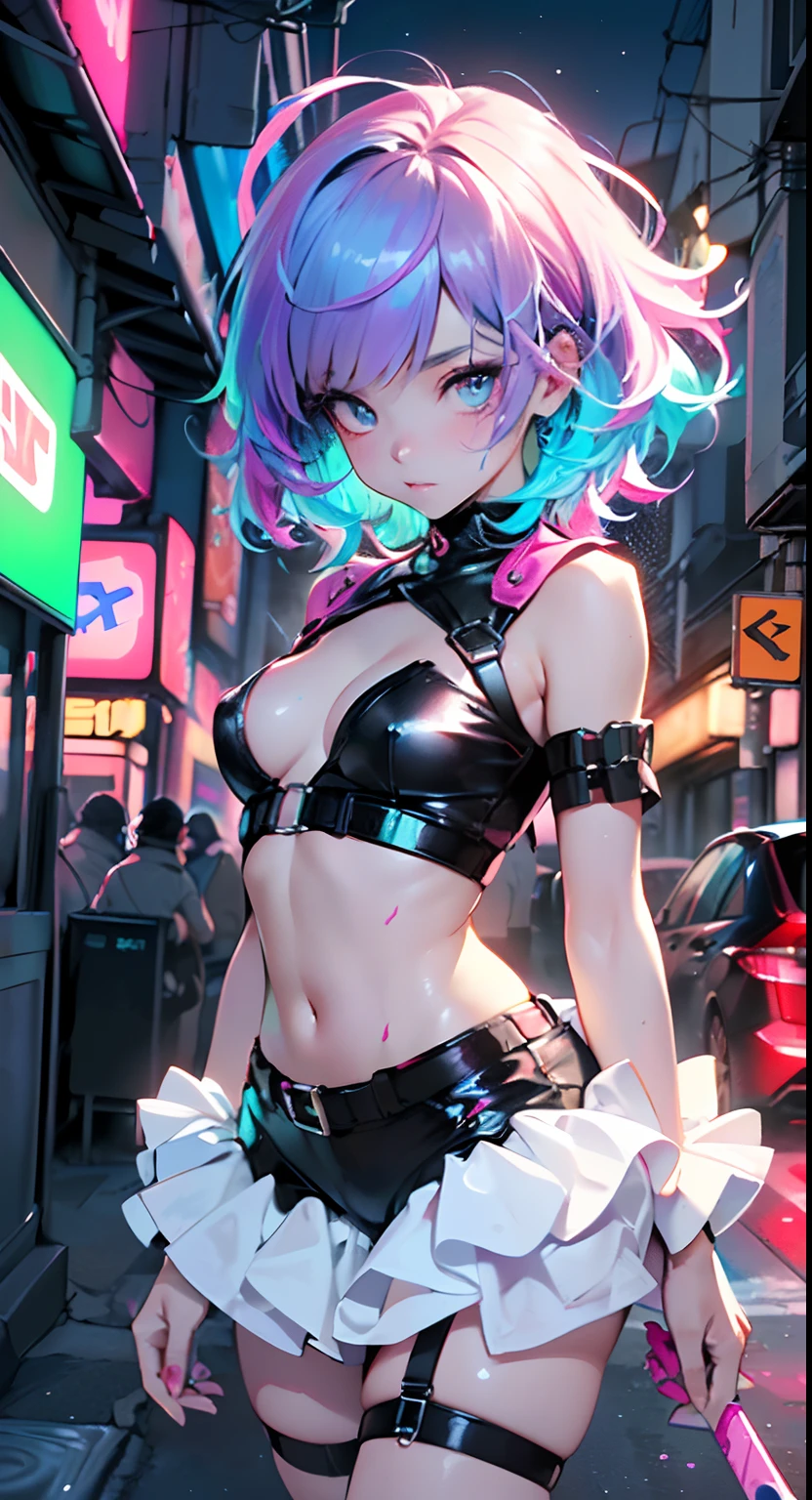 cute little cartoon loli,(((little loli,small tiny body,petite))),(((6 years old))),((extremely cute and beautiful liquid paint hair haired anime girl walking down the street)),

(((flat chest))),saggy breasts,short hair,(((liquid paint hair:1.1,neon purple hair|neon pink hair|neon blue hair|neon aqua hair|purple hair|fuchsia hair|fluorescent blue hair|amethyst hair|neon hair|bright pink hair :1.5,bright hair: 1.3,hair made of paint and defies gravity,thick flowing,paint splatter:1.3,shiny hair: 1.3,vibrant colored hair))),((heterochromia,eye1 purple,eye2 pink,upturned eyes:1.3,perfect eyes,beautiful detailed eyes,rainbow glows ultra-detailed deep pink purple eyes:1.1,gradient eyes:1,finely detailed beautiful eyes:1,symmetrical eyes:1,big highlight on eyes:1.2)),((fat)),(((lustrous skin:1.5,bright skin: 1.5,skin tanned,shiny skin,very shiny skin,shiny body,plastic glitter skin,exaggerated shiny skin))),(delicate detailed fingers,detailed body,detailed arms,human hands),

cute,slutty,seductive,erotic,(((nsfw))),

revealing clothing,show skin,(wearing a Neon color theme clothing:1.3,micro clothes,little clothing,fluorescent and neon clothing,rave fashion,micro crop top,micro skirt,visible thong straps,accessories LED,detailed outfit,detailed clothes),

(dynamic pose:1.0),solo focus,embarrassed,centered,scale to fit dimensions,Rule of thirds,

outdoors,((night view)),(cyberpunk night street Background: 1.5,dark sky,alleyway,lonely alley,thick clouds,detailed background:1.25),

(best quality),(high resolution),(sharp focus),(ultra detailed),(extremely detailed),(extremely high quality artwork),8k_wallpaper,(extremely detailed CG 8k),(very fine 8K CG),((hyper super ultra detailed perfect piece)),flawless,(((masterpiece))),illustration,vibrant colors,(intricate),High contrast,Selective lighting,Double exposure,HDR (High Dynamic Range),Post-processing,Background blur,