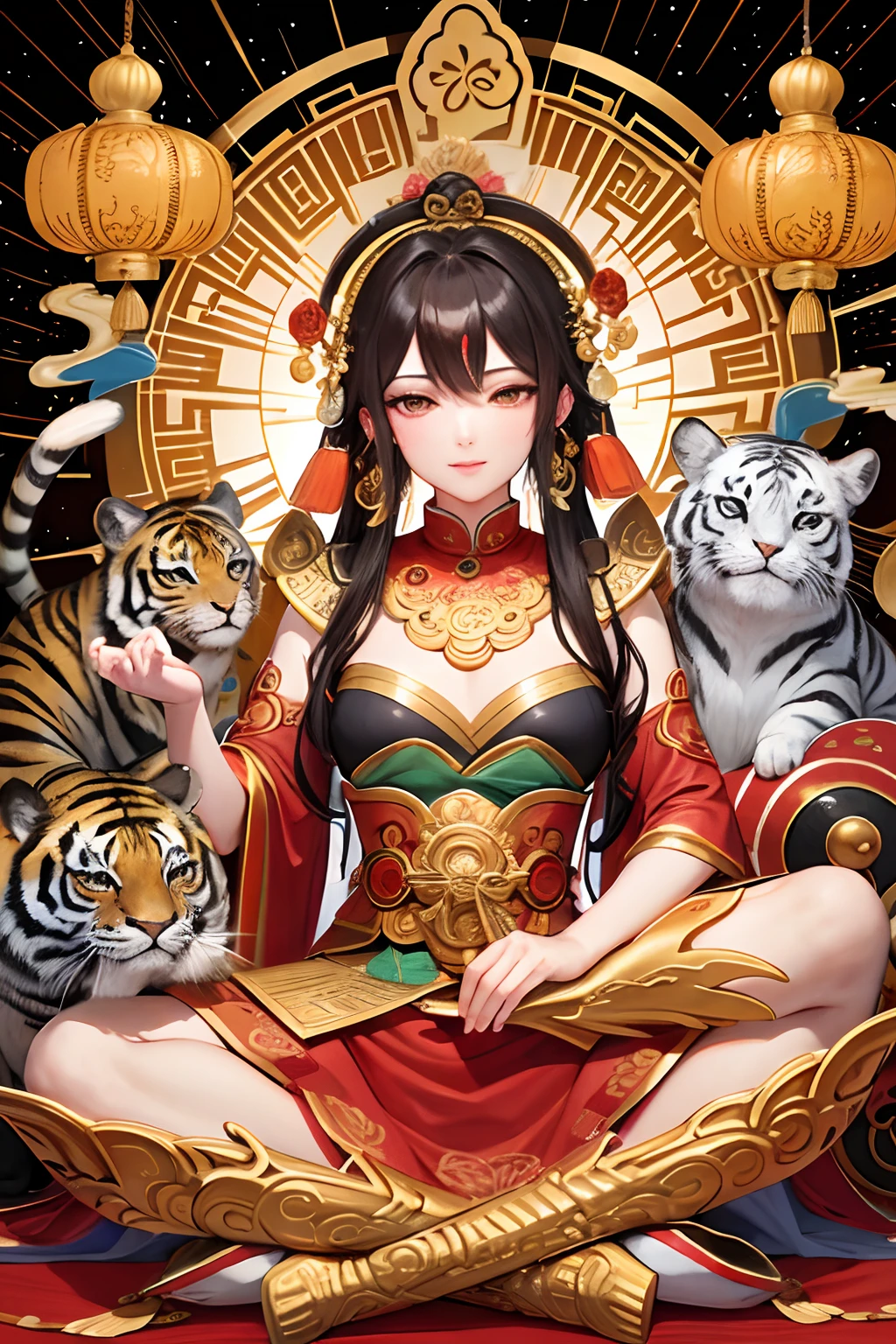 an ancient Chinese goddess, guanyin of the southern seas, Guanyin, Inspired by India, Avalokiteshvara rides a tiger,,Serene expression,shui mo hua,Buddha,Buddhist,Lotus,Chinese painting style,Thangka style