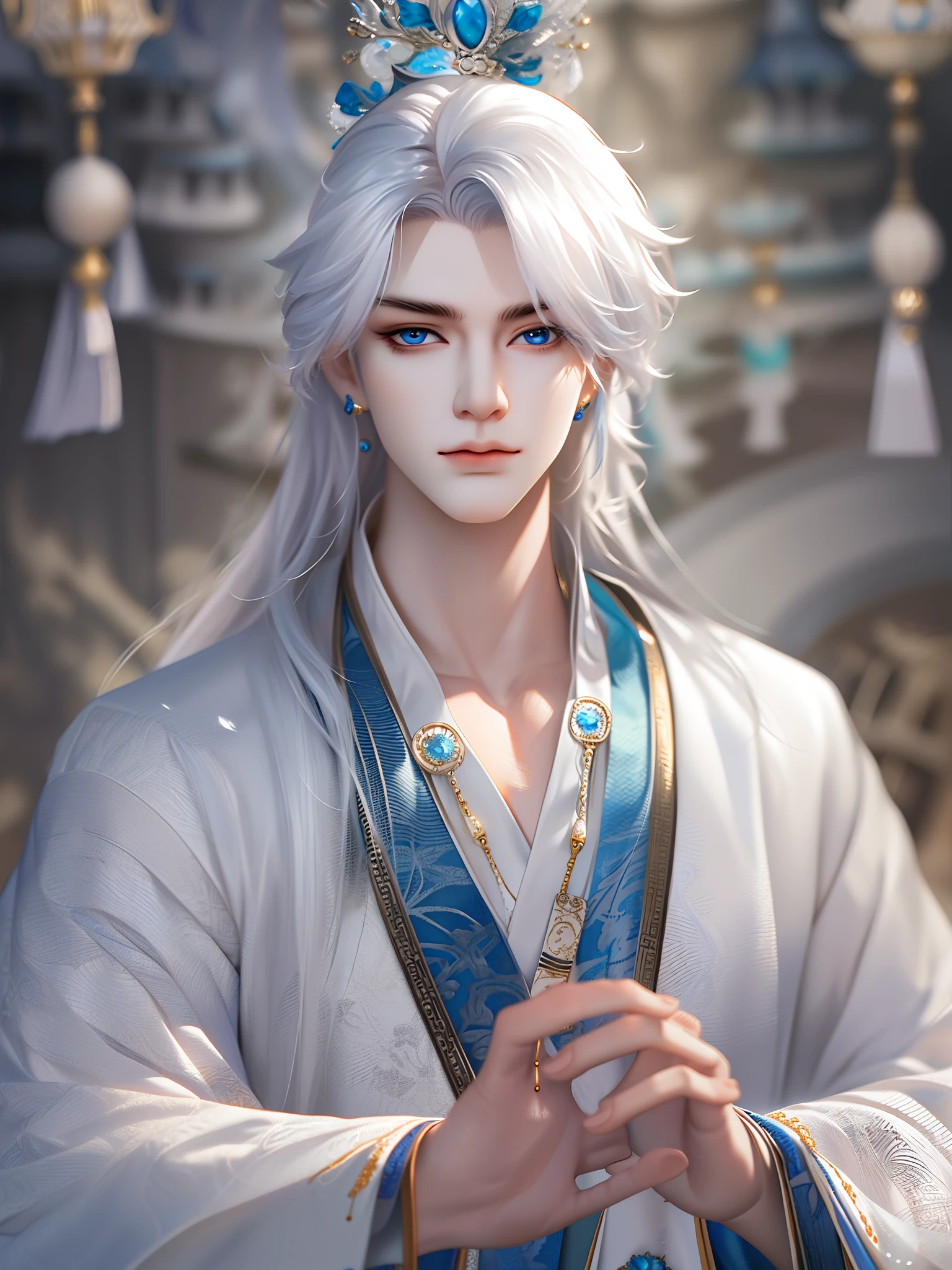 Best quality, masterpiece, highly detailed wallpaper, long hair, blue eyes, holding, blurry, long sleeves, blurry background, solo, 1boy, jewelry, white hair, chinese clothes, male focus, looking at viewer, crown, robe, hair ornament, closed mouth